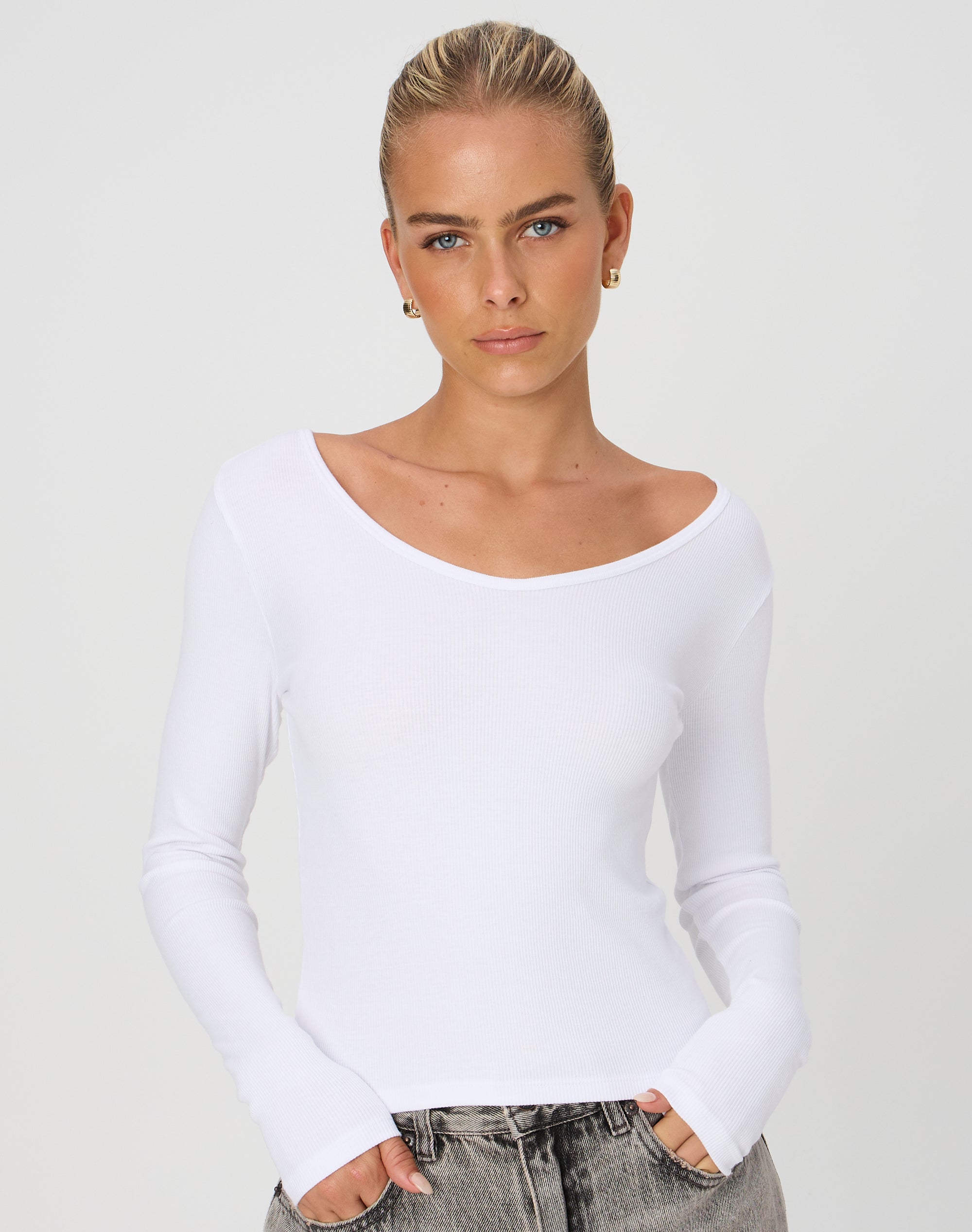 V Neck Cotton Long Sleeve Top in White