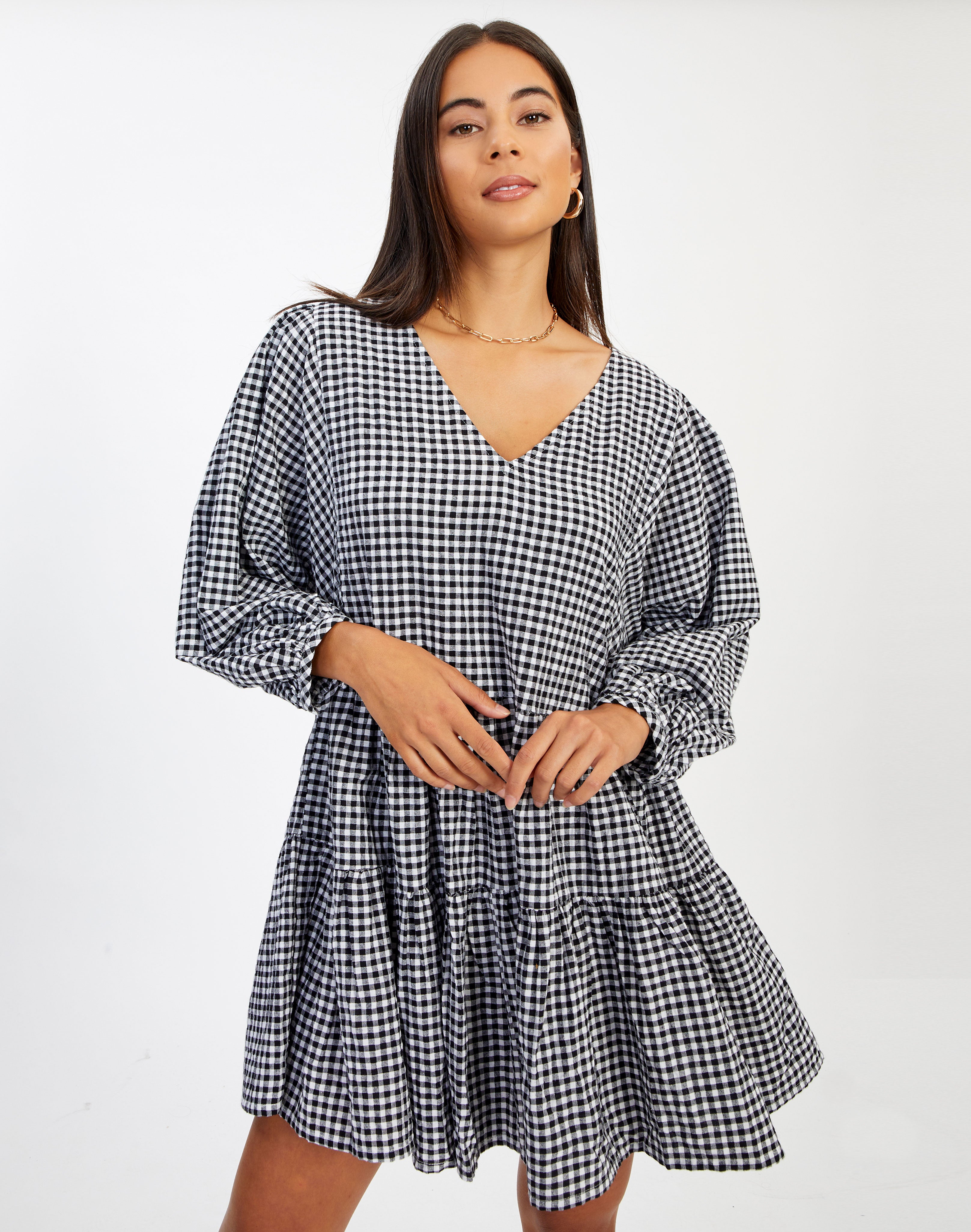 v neck gingham dress