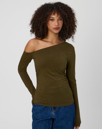 Asymmetric Off Shoulder Modal Top in Martini Olive | Glassons