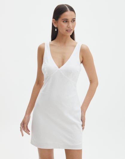 Strapless Linen Blend Mini Dress in White