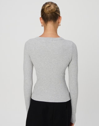 Ribbed Scoop Neck Long Sleeve Top in White