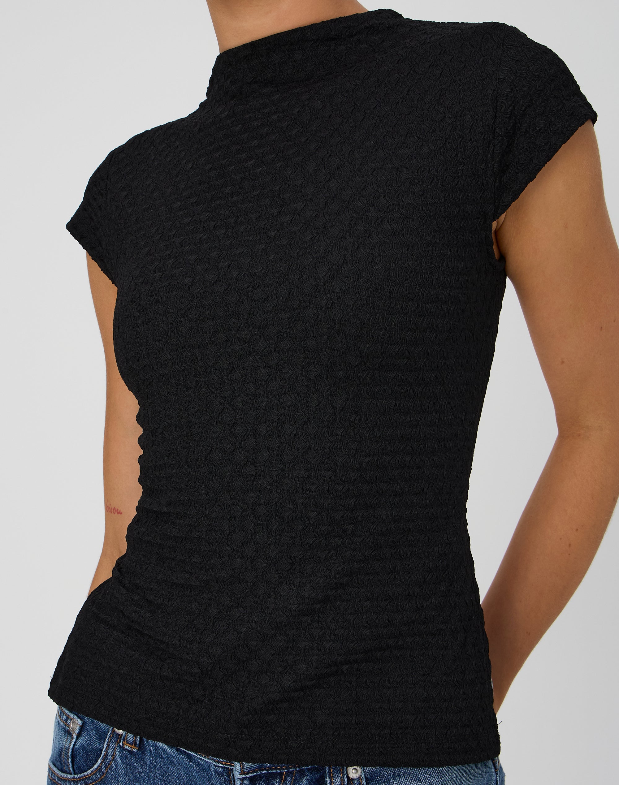 Textured High Neck Backless Top in Black