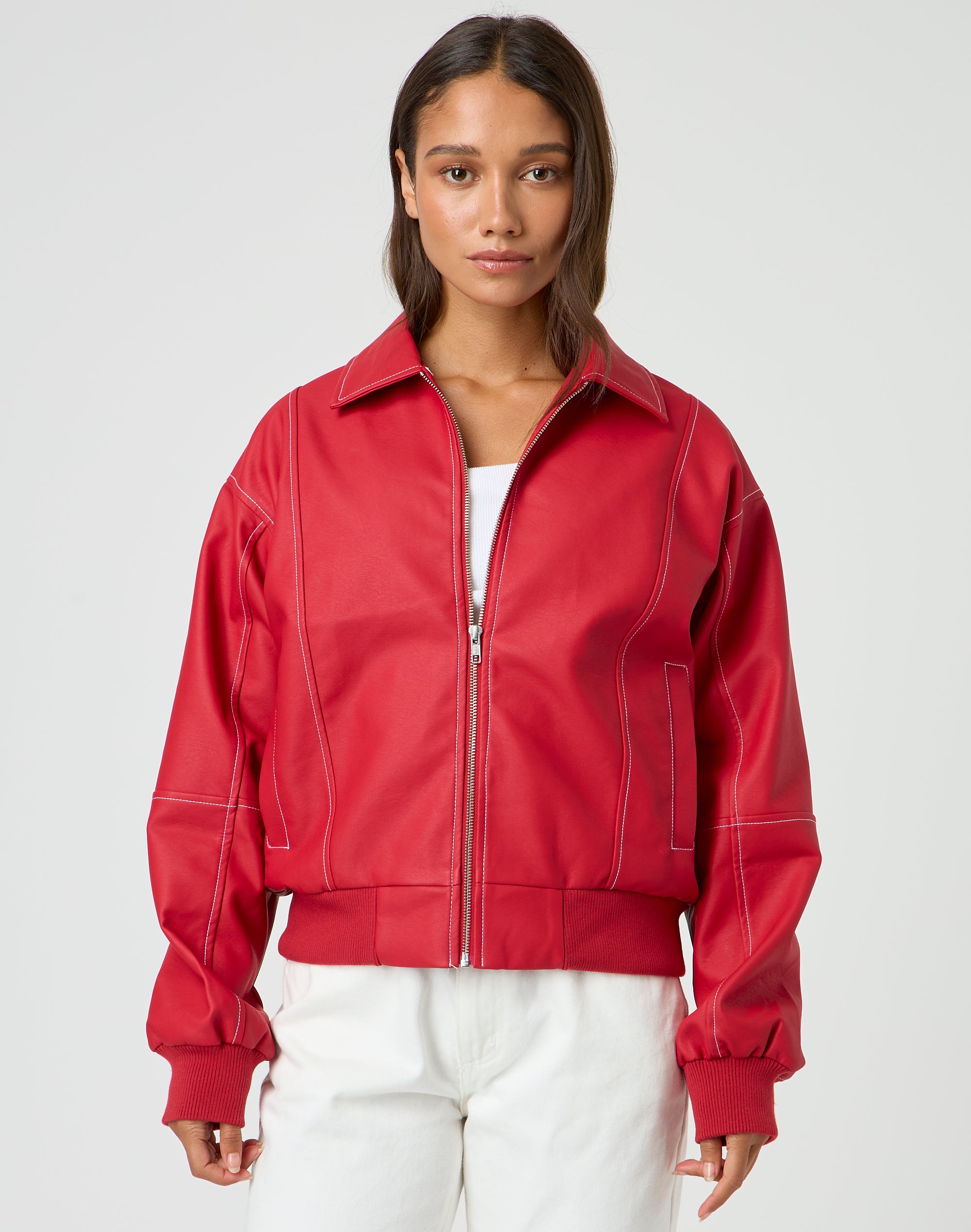 Faux red leather jacket hotsell