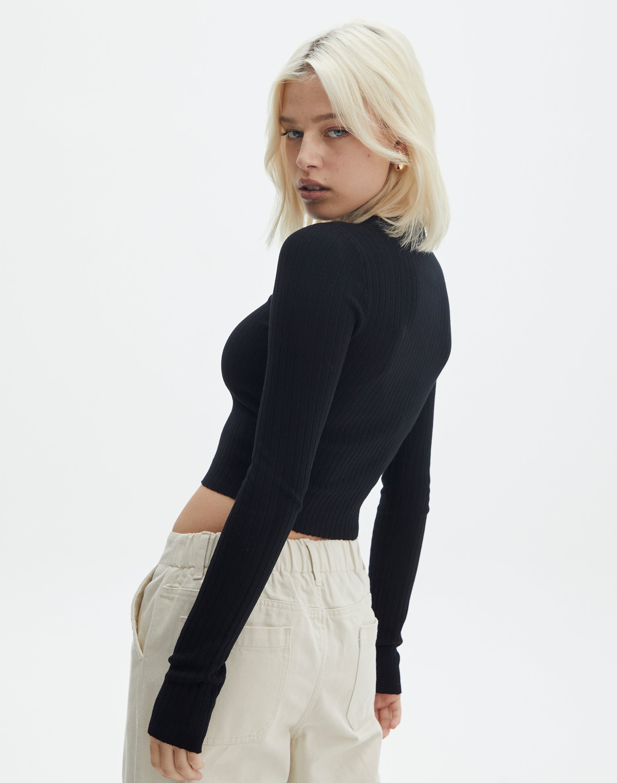 Long Sleeve Ribbed Knit Top in Milk