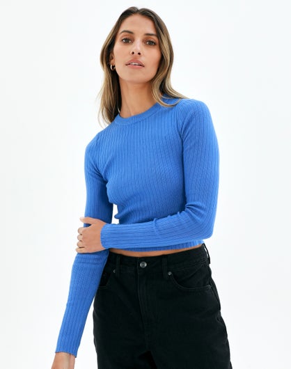 Long Sleeve Ribbed Knit Top in Blue | Glassons