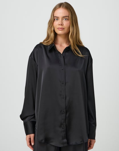 Satin Button Up Shirt in Black | Glassons