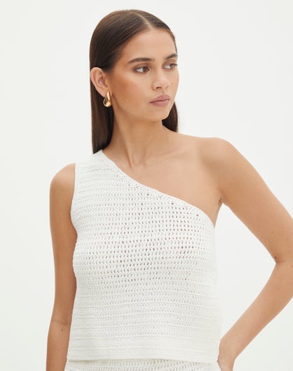 One Shoulder Crochet Top in White | Glassons