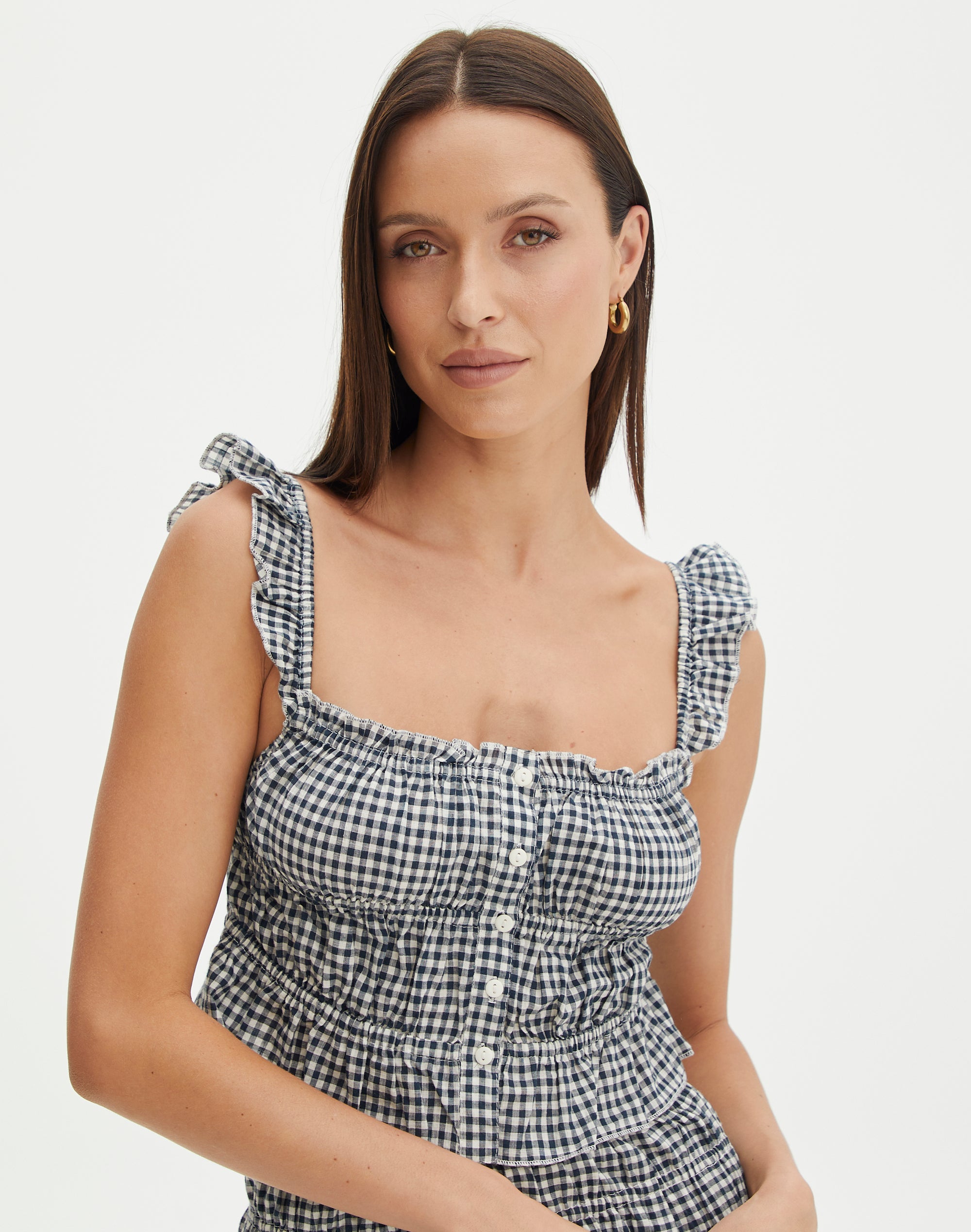 Linen-Cotton Square-Neck Button-Front Top in Gingham Check