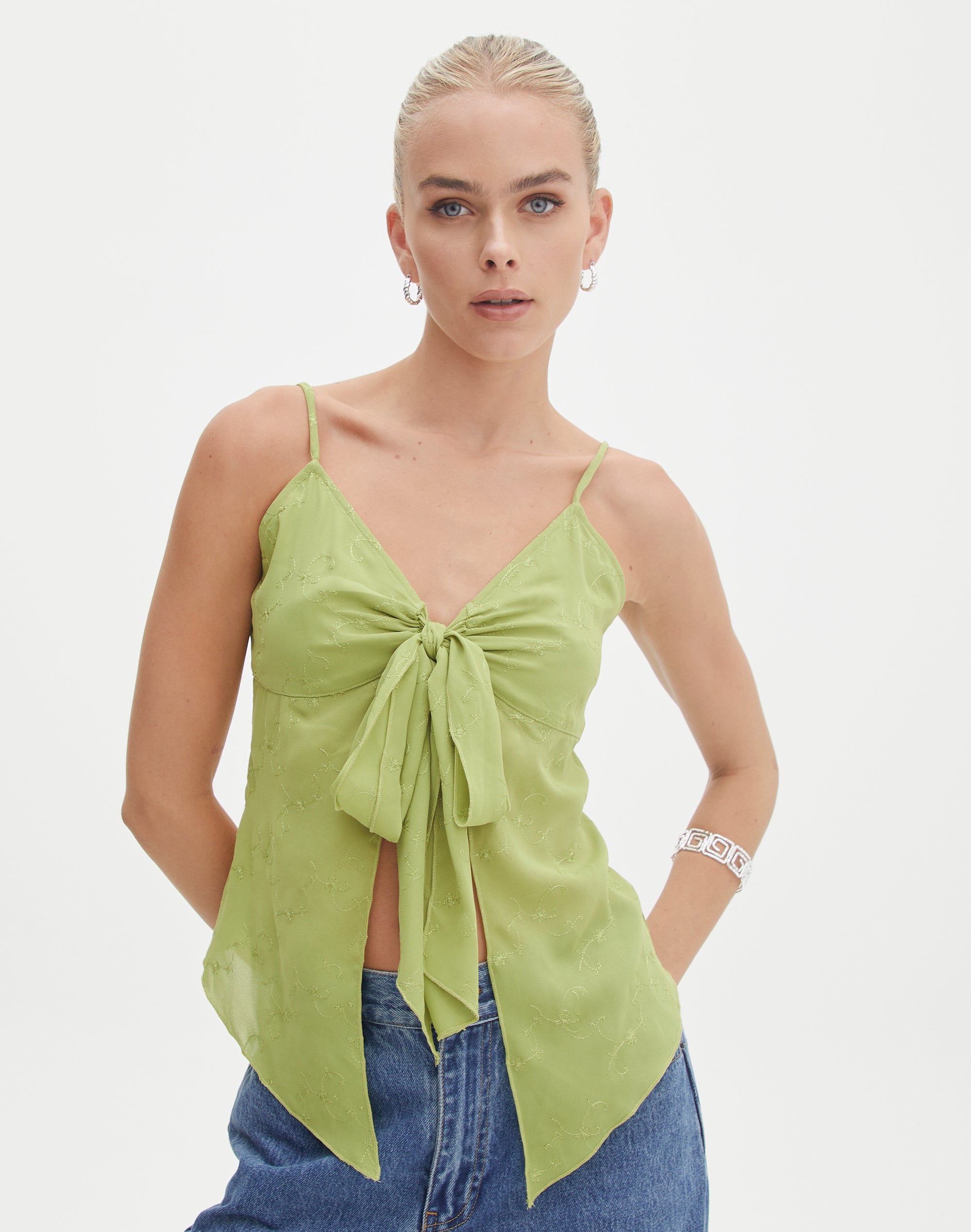 Another Sunday Embroidered Cami Top With Tie Strap In