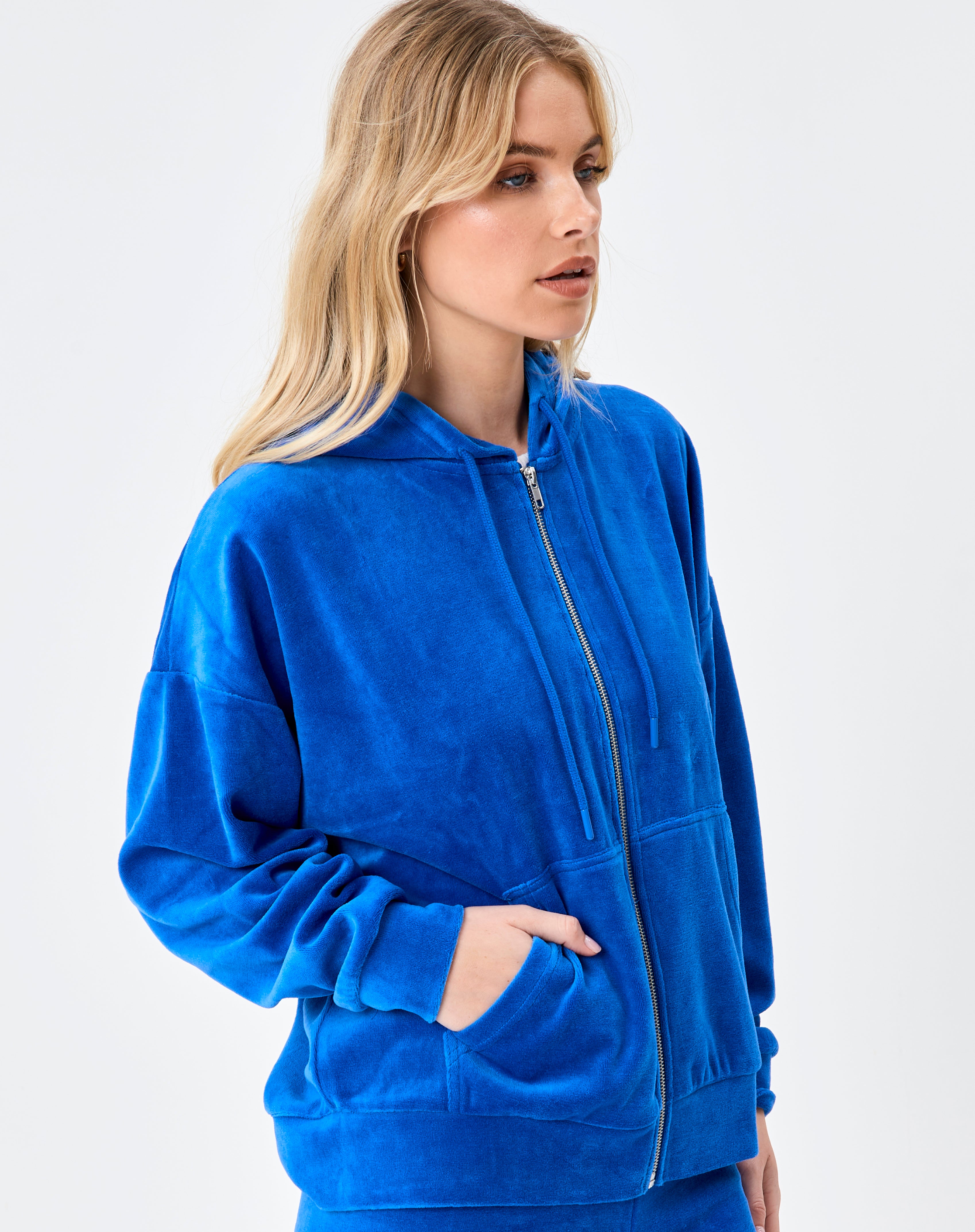 hooded velour zip front jacket