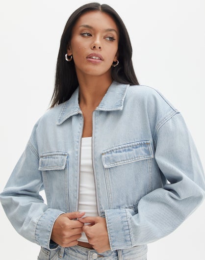 Boxy Denim Utility Jacket in Elsa Wash | Glassons