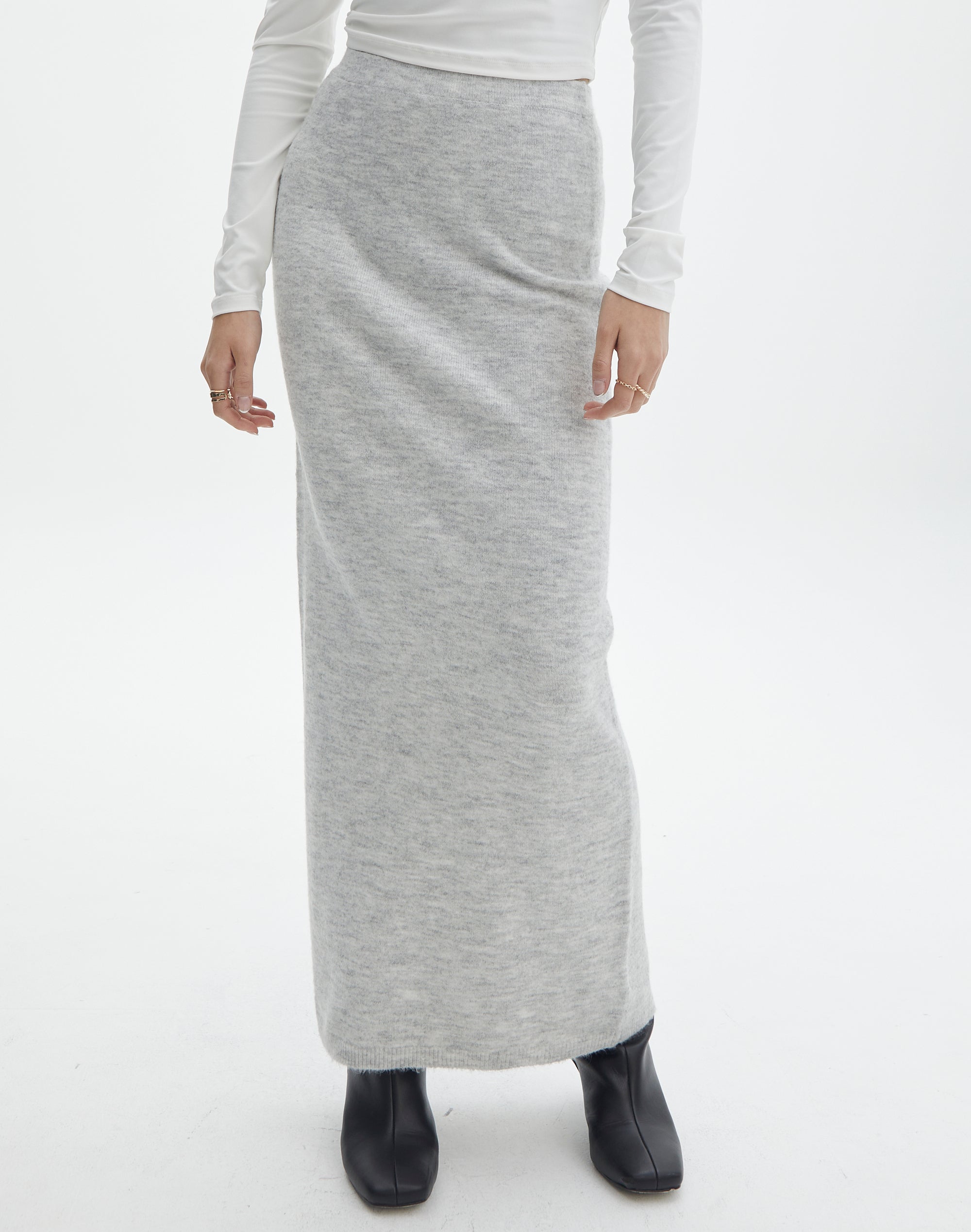 Fluffy Knit Maxi Skirt in Grey Marle