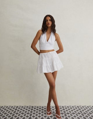 Cotton Ruched Mini Skirt in White