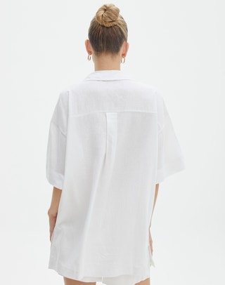 Short Sleeve Linen Blend Shirt in White