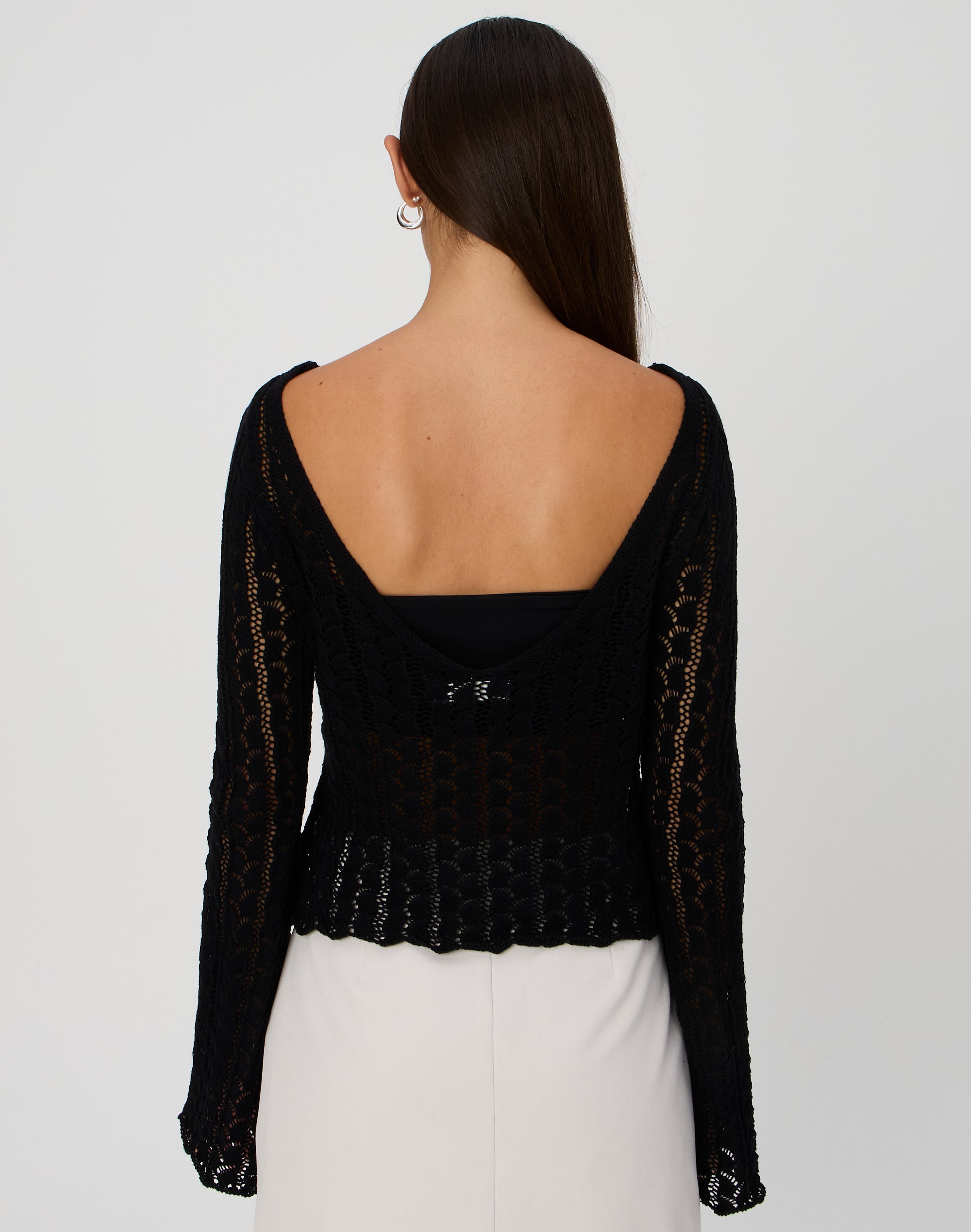 Flare Long Sleeve Crochet Top in Black