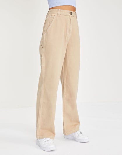 Cotton Wide Leg Cargo Pant in Beige | Glassons