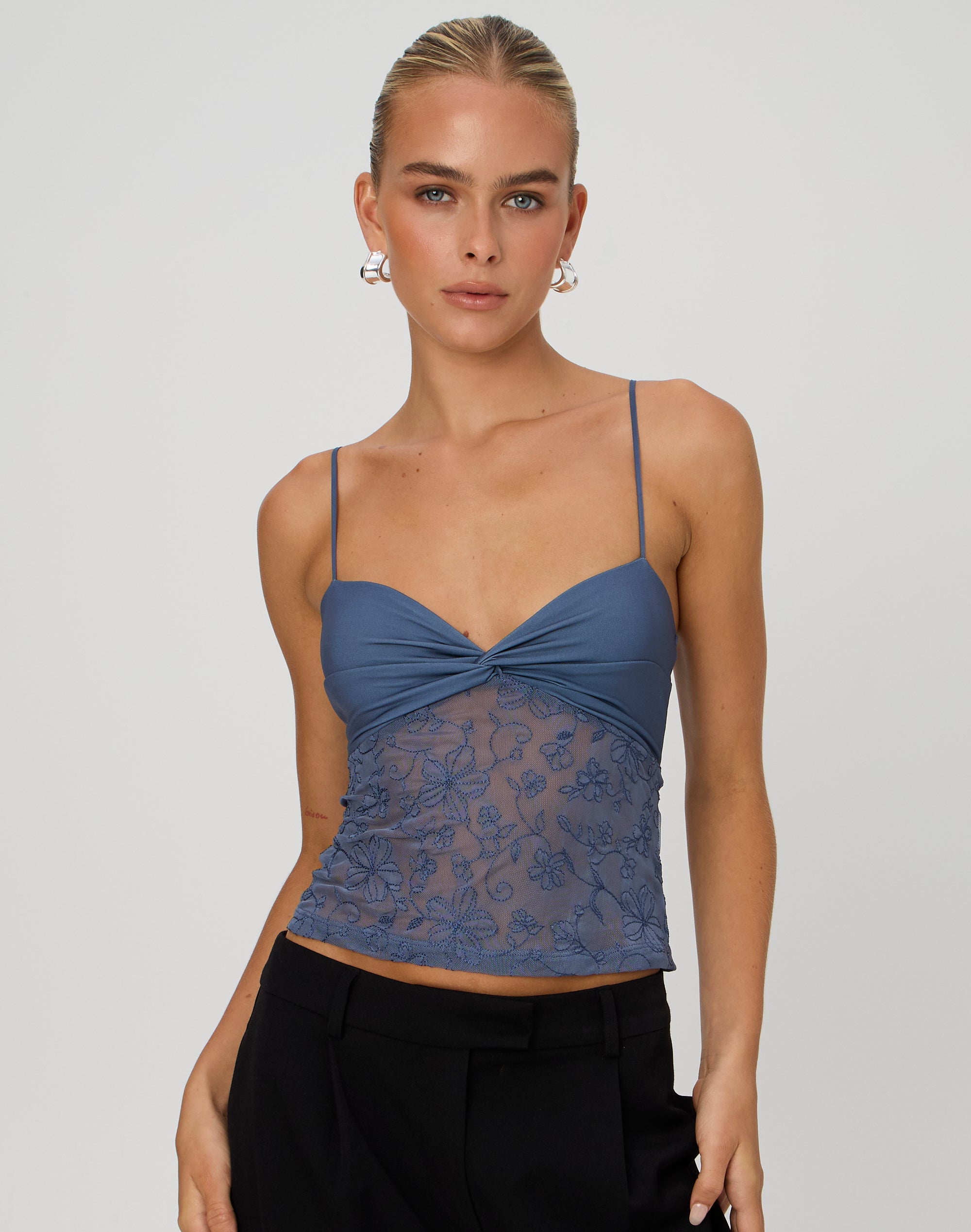 Floral Embroidered Cami Top With Knot Front Top