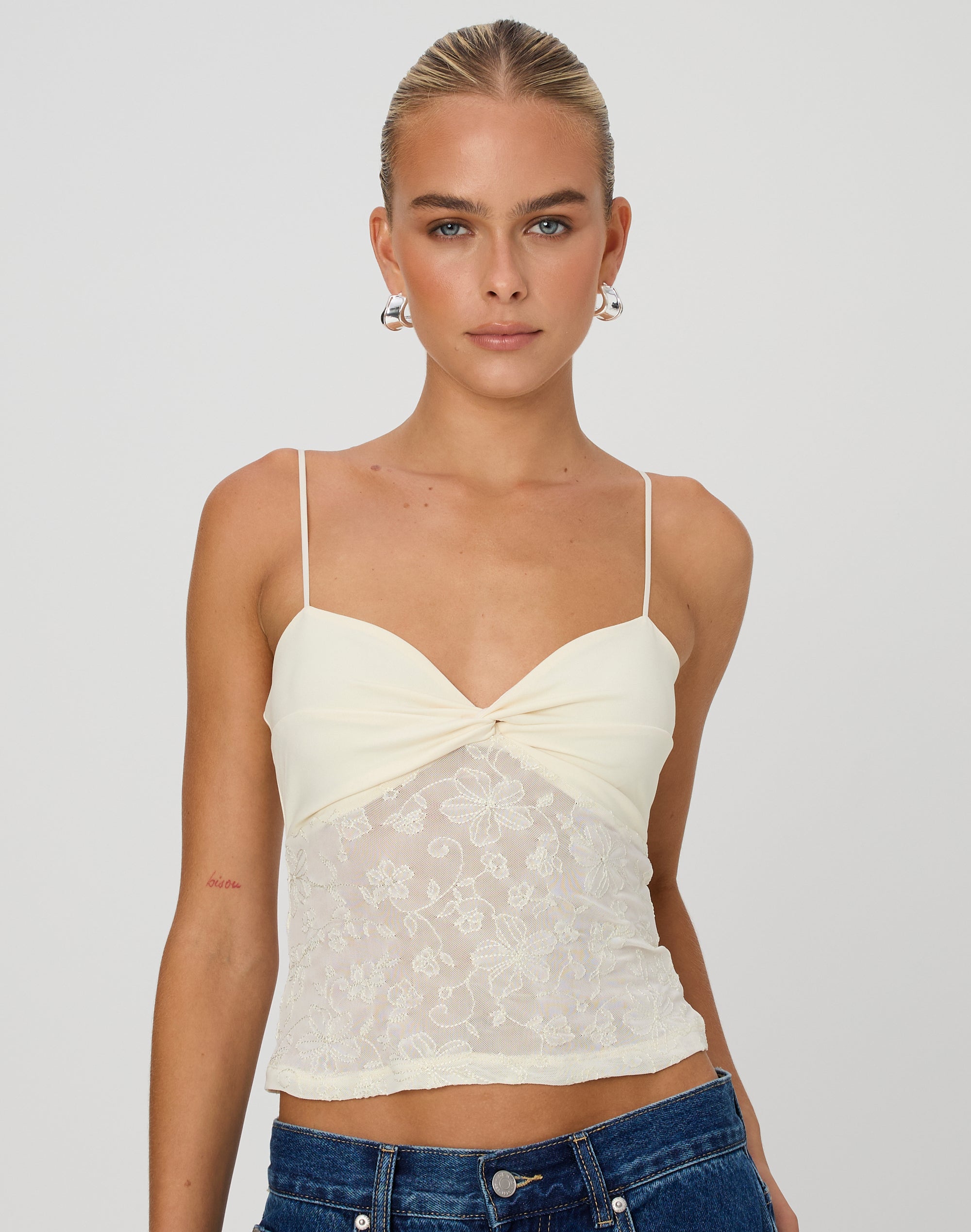Twist Front Embroidered Cami in Soda Embroidery