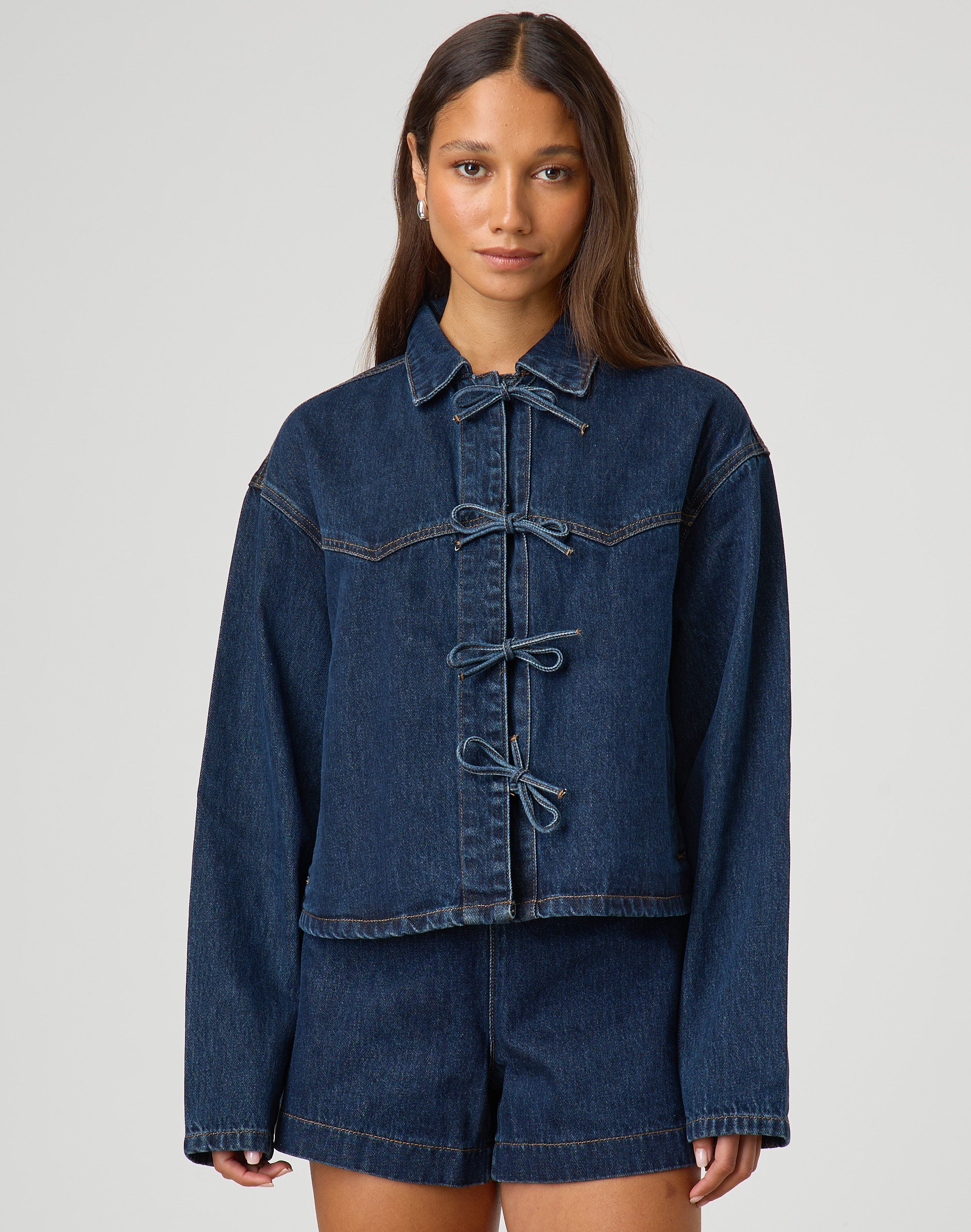 Tie Front Denim Jacket in Suzy Mid Wash Glassons US