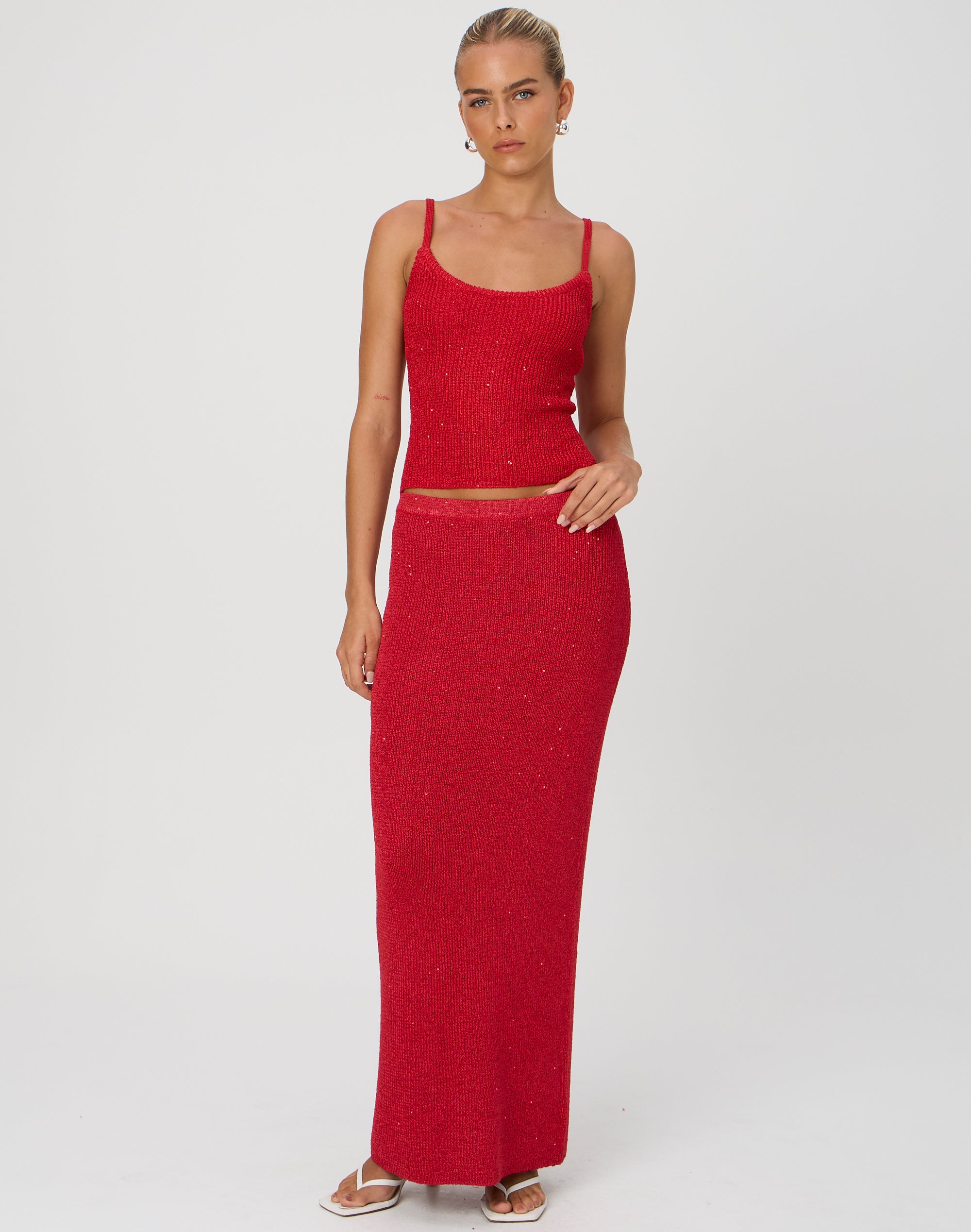 Sequin Knit Maxi Skirt in Mulan Red