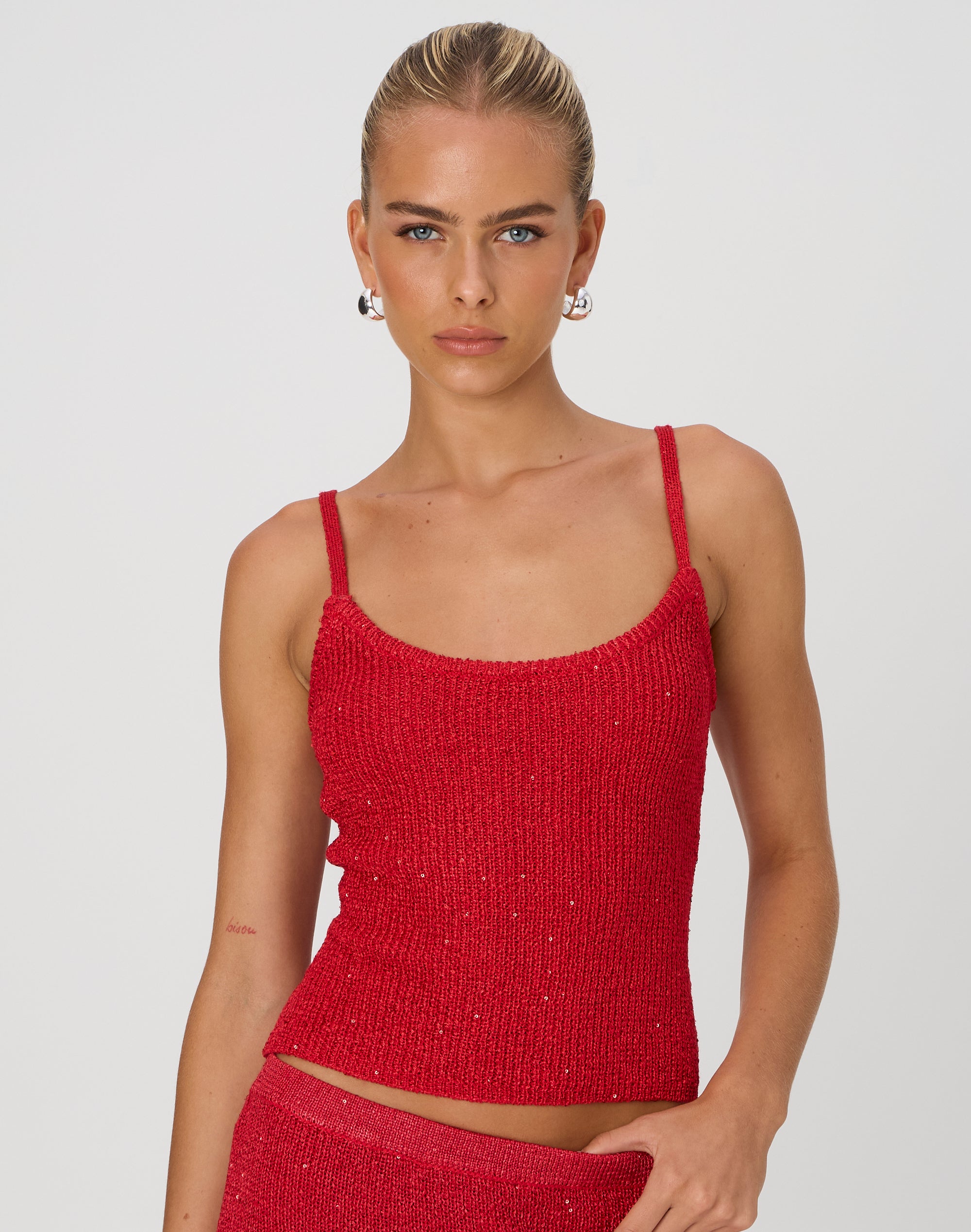 Sequin Knit Tank Top in Mulan Red