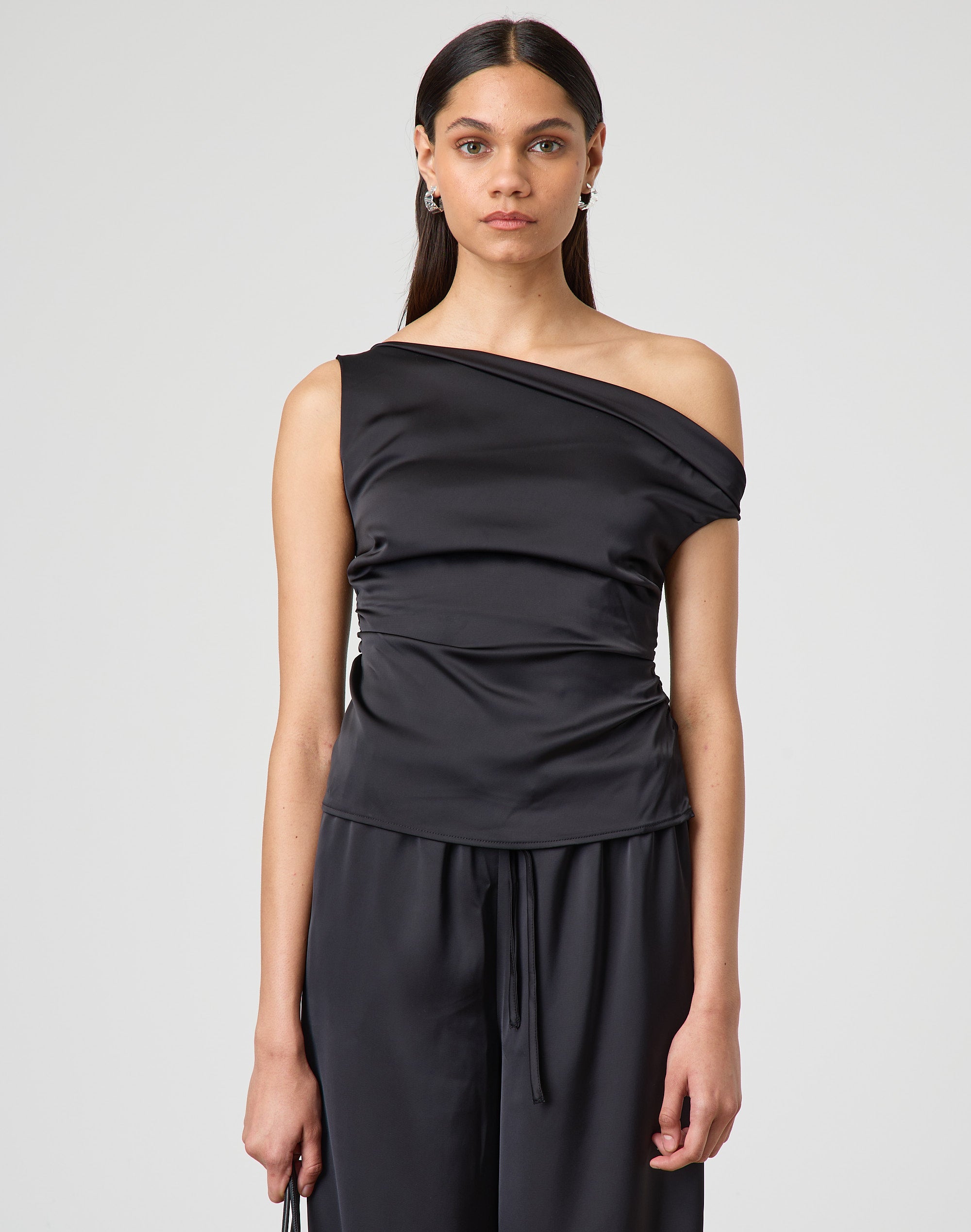 Satin Ruched Off Shoulder Top in Black Glassons