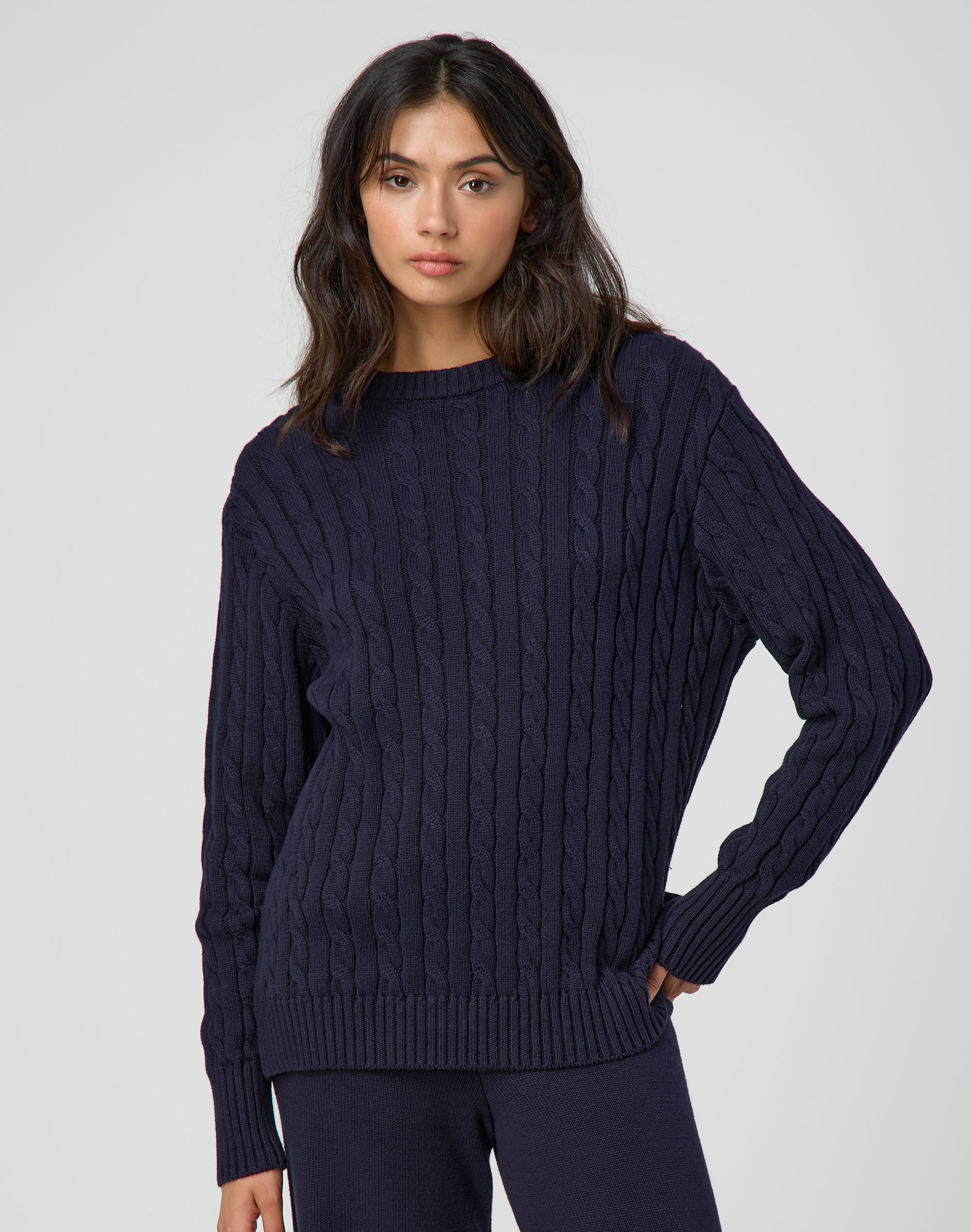 Longline Cable Cotton Knit Jumper in Friday Night Glassons