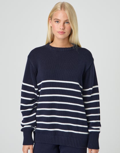 Longline Cotton Knit Jumper in Navy/ White Stripe | Glassons