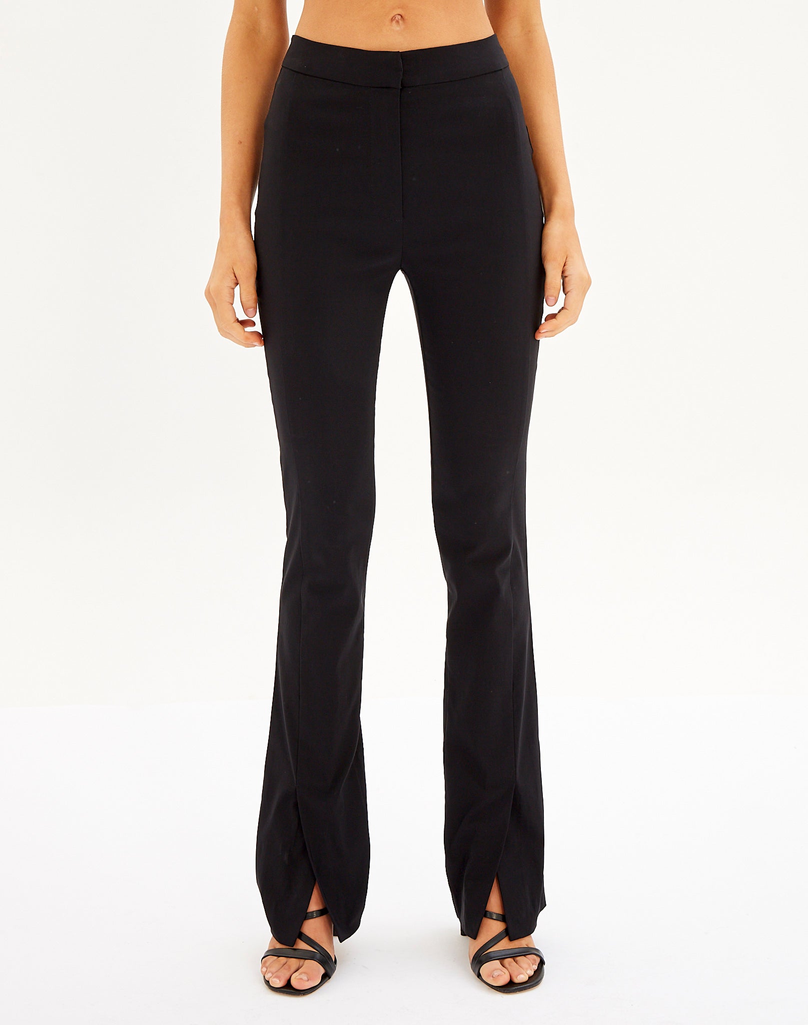 Mid Rise Front Split Flare Pant in Black