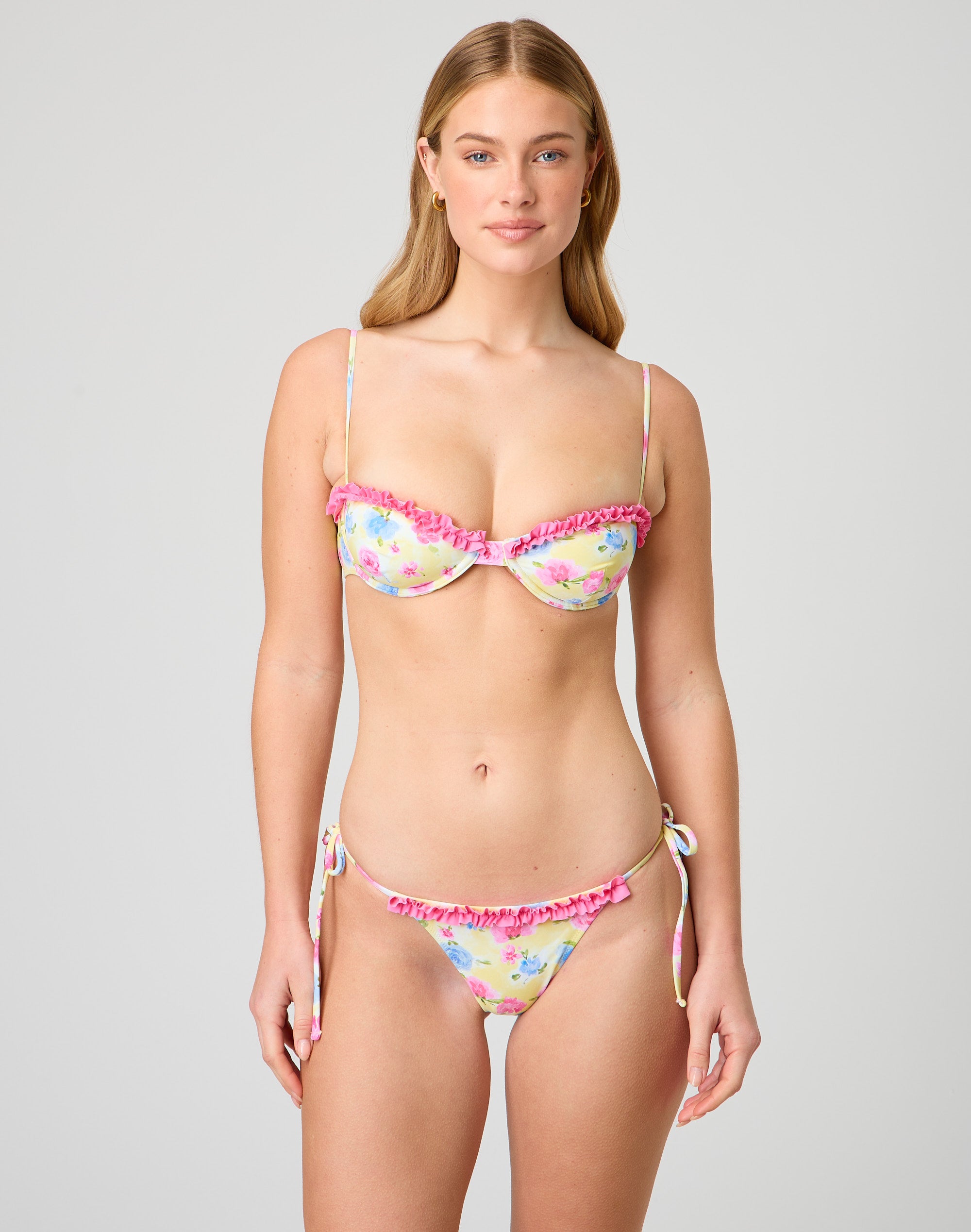 Balconette Frill Trim Bikini Top in Buttery Blooms X Pink Glassons