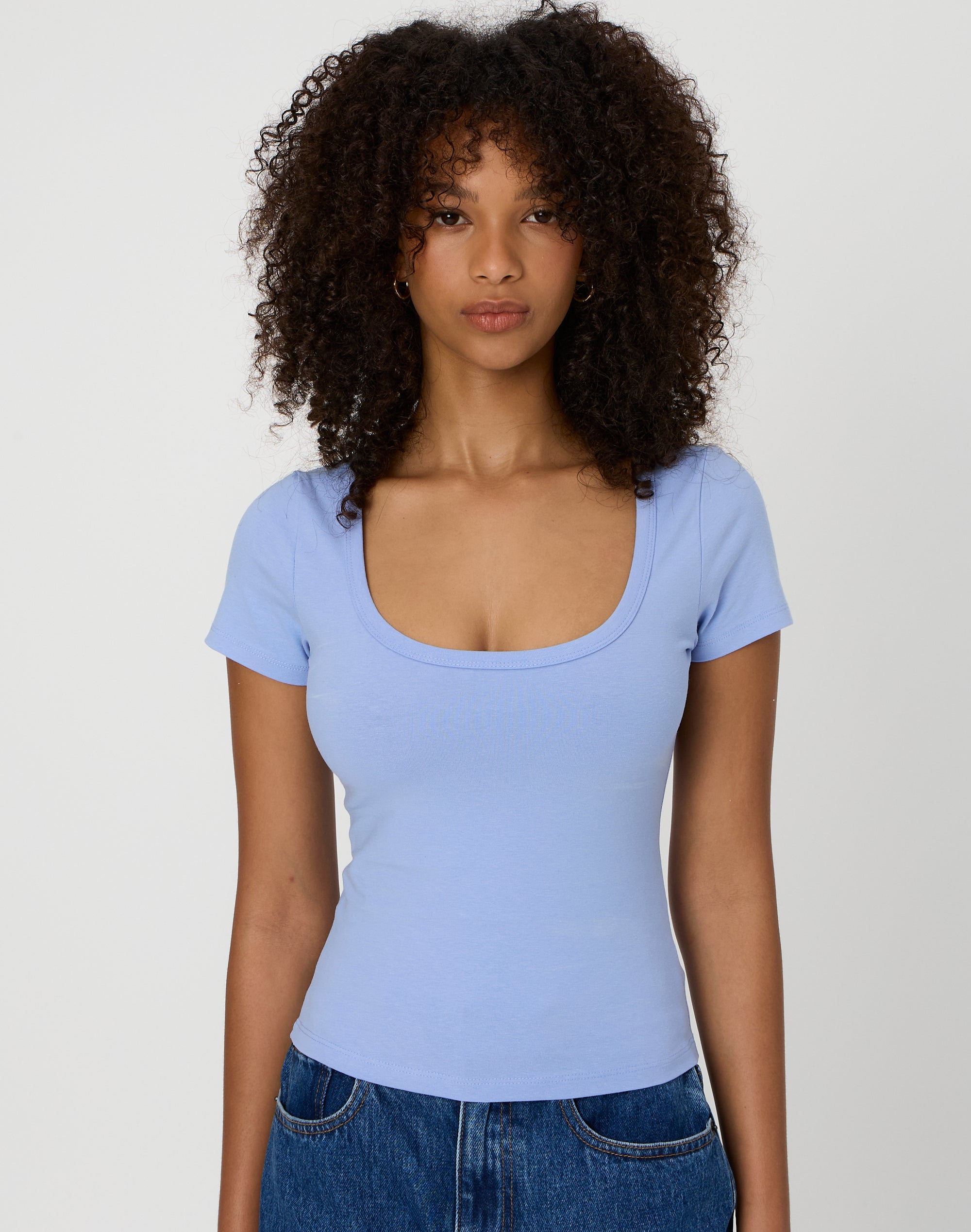 Ribbed Scoop-neck T-shirt - Light blue melange - Ladies