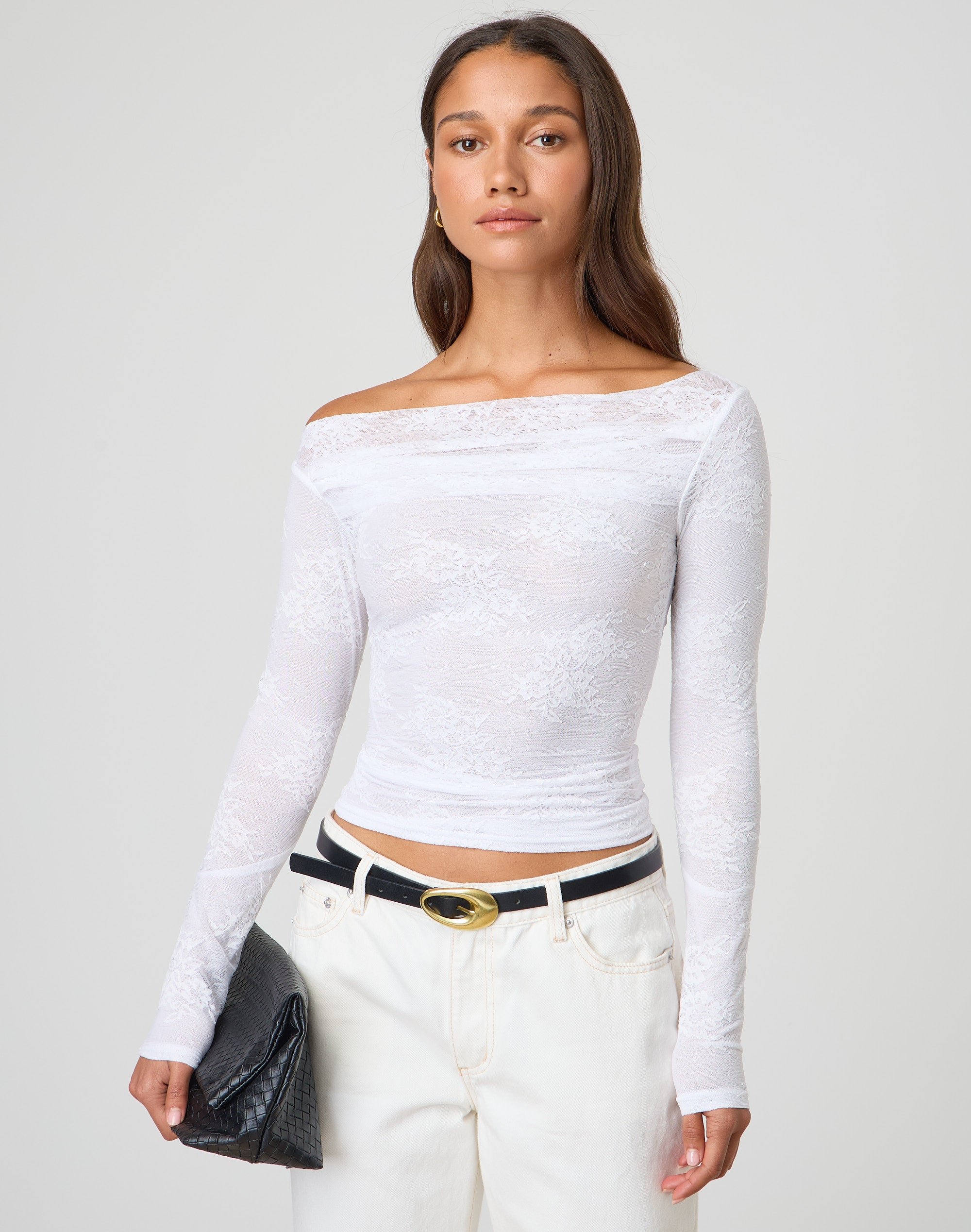 Off the shoulder white long sleeve sale