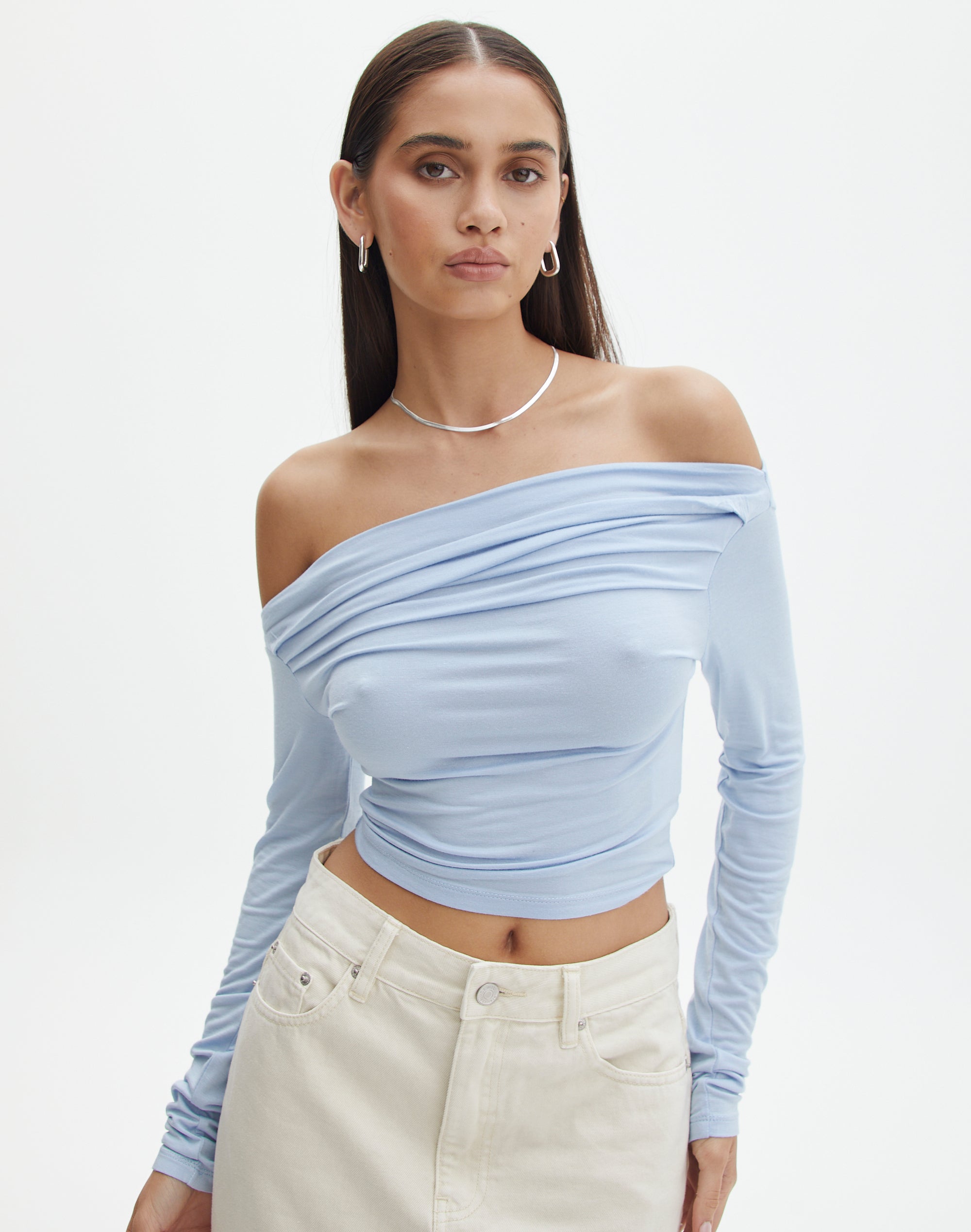 Ruched Off The Shoulder Top in Blue |