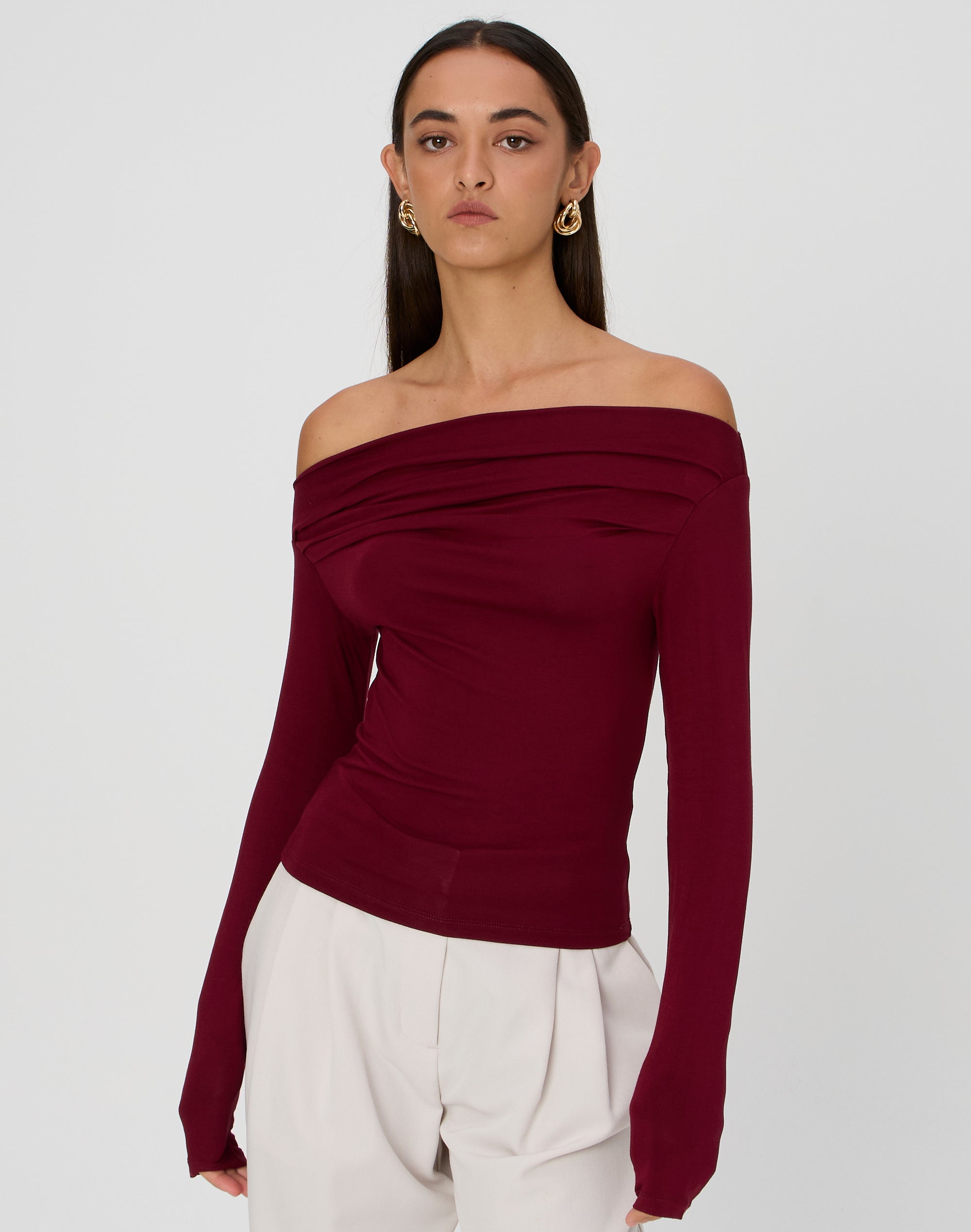 Ruched Off The Shoulder Top in Cherry Mocha