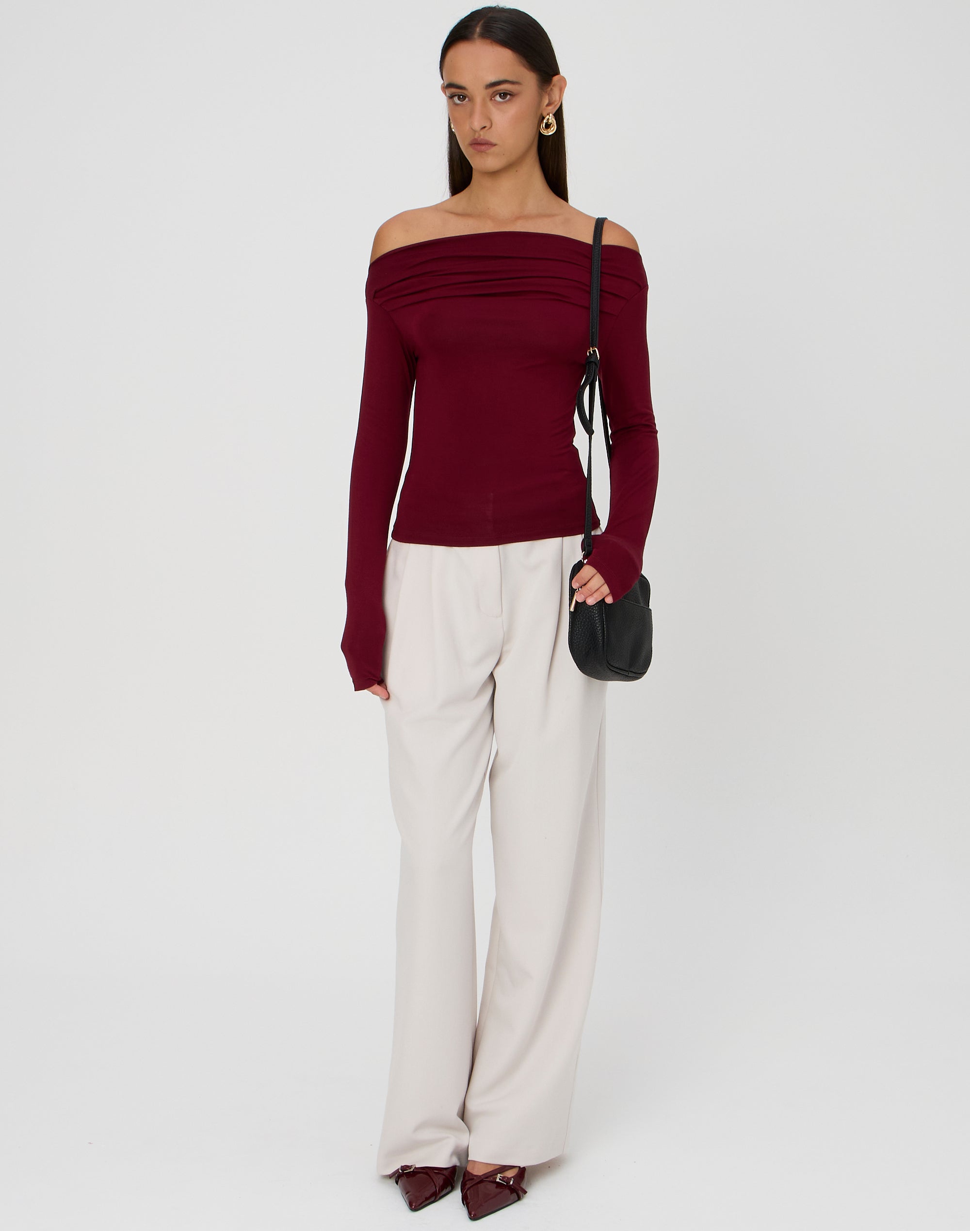 Ruched Off The Shoulder Top in Cherry Mocha