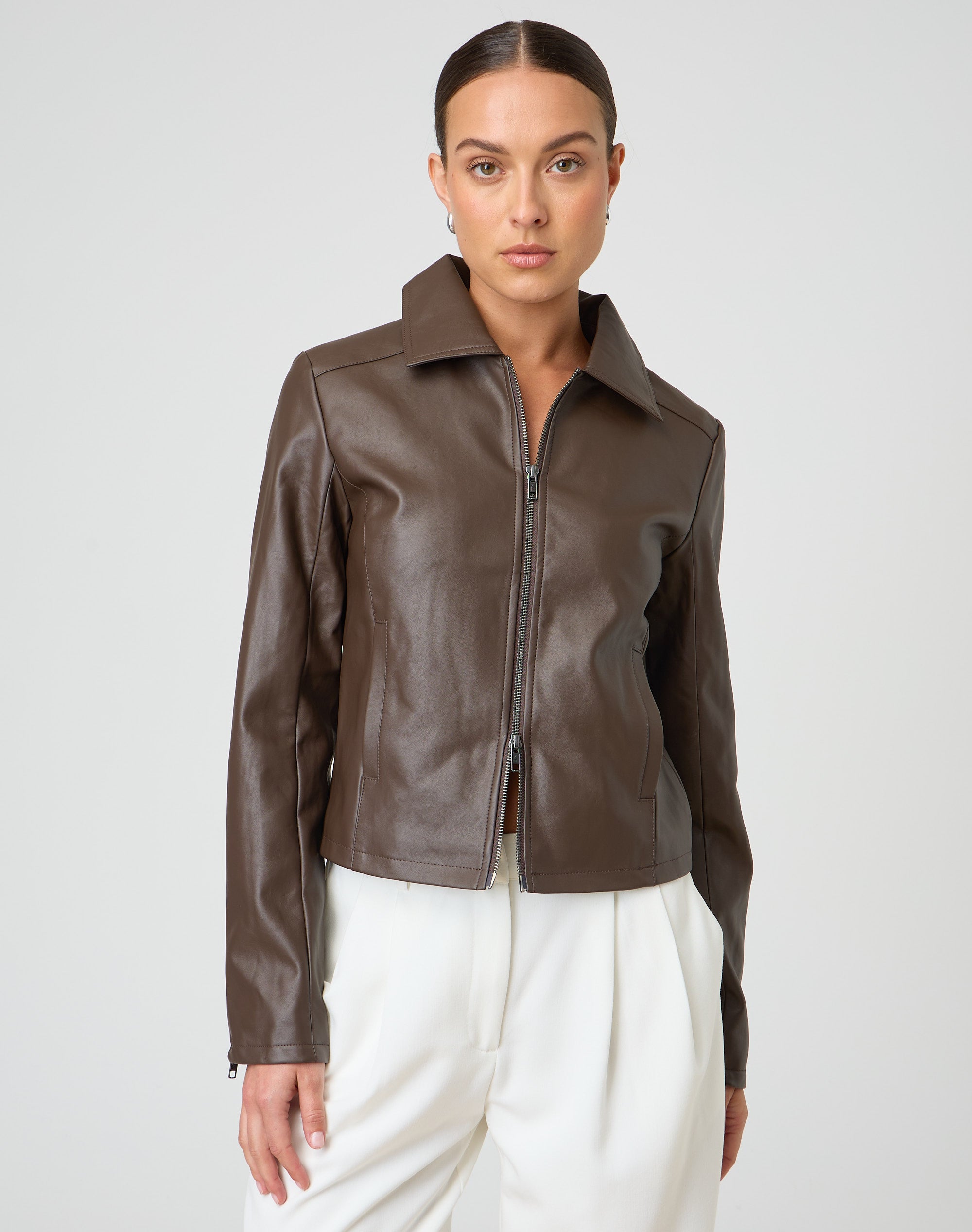 Faux Leather Jacket in Choc Brown Glassons US