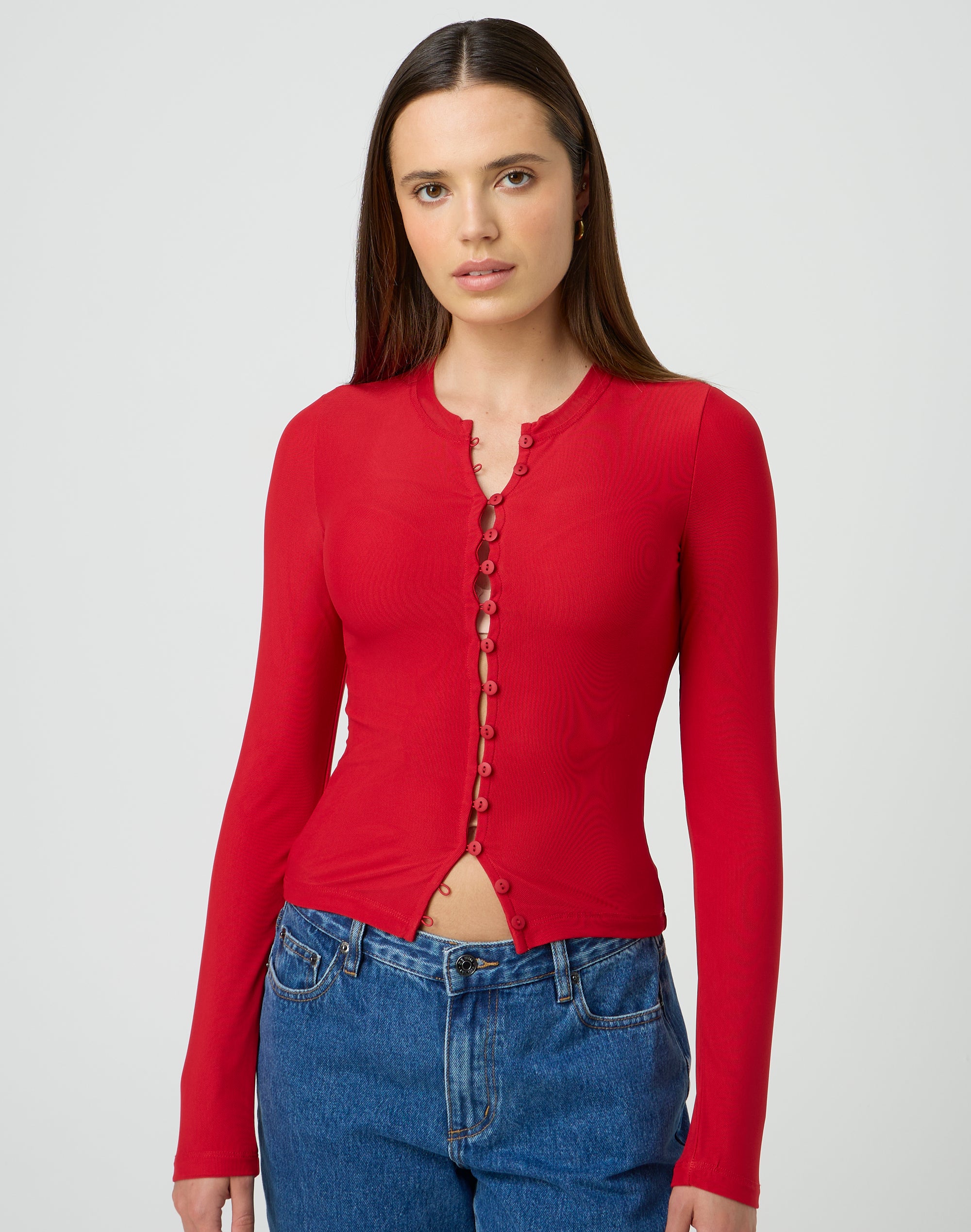 Mesh Long Sleeve Button Up Top in Rio Red Glassons US