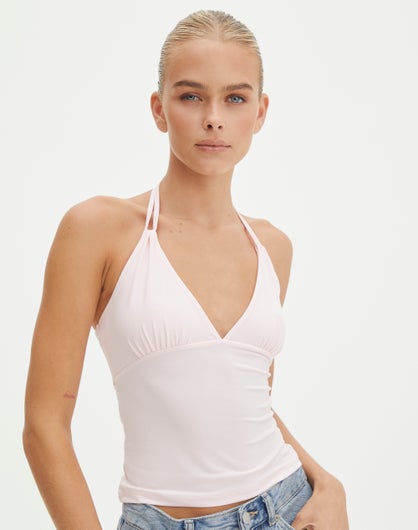 Split Front Open Back Halter Top in White