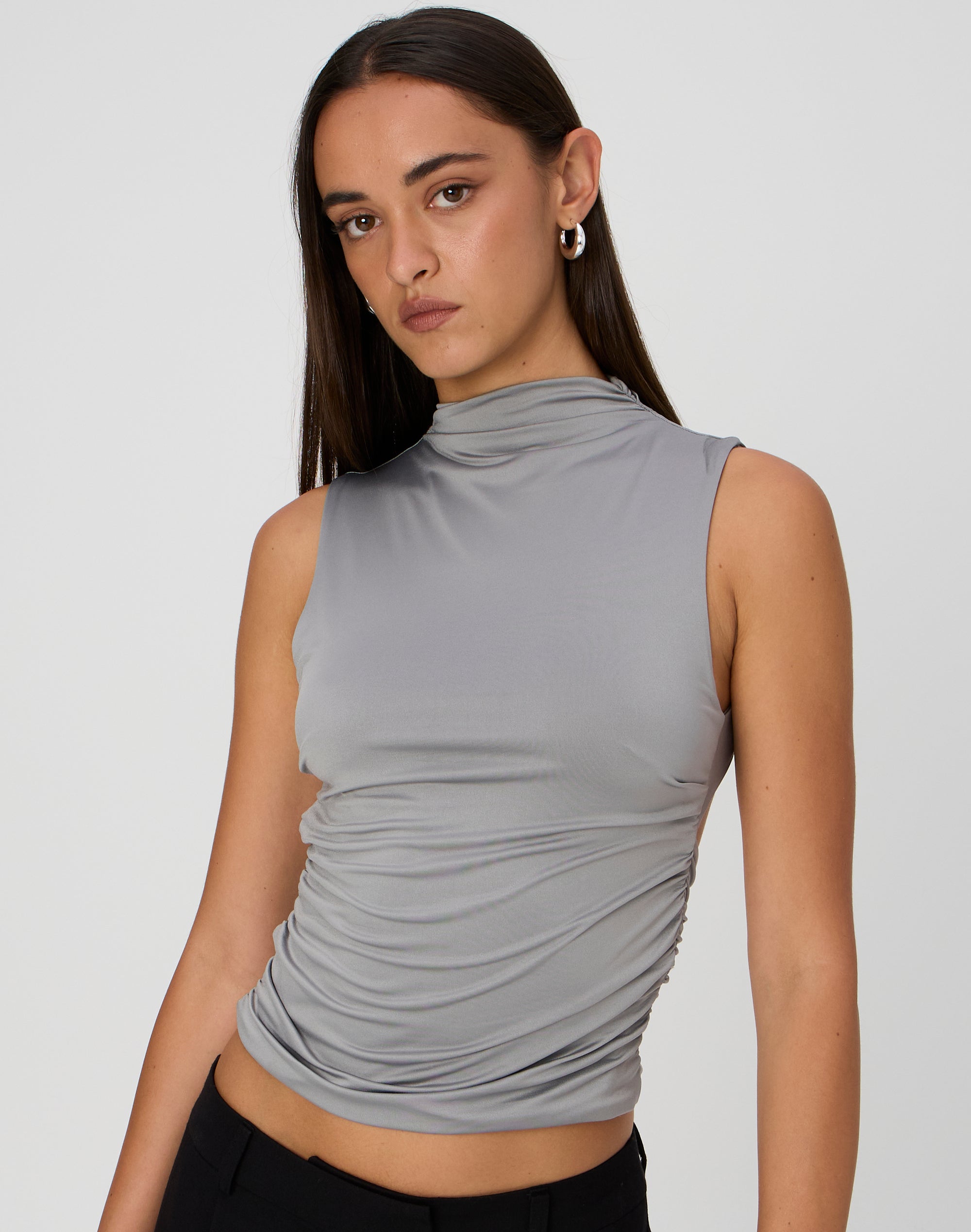 High Neck Open Back Top in Grey Slay Glassons