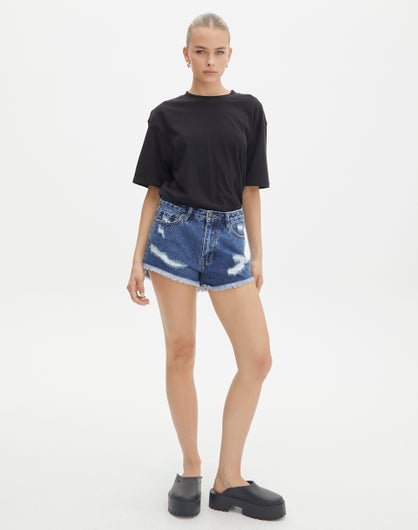 Mid Rise Ripped Denim Short in Venice Vintage Wash