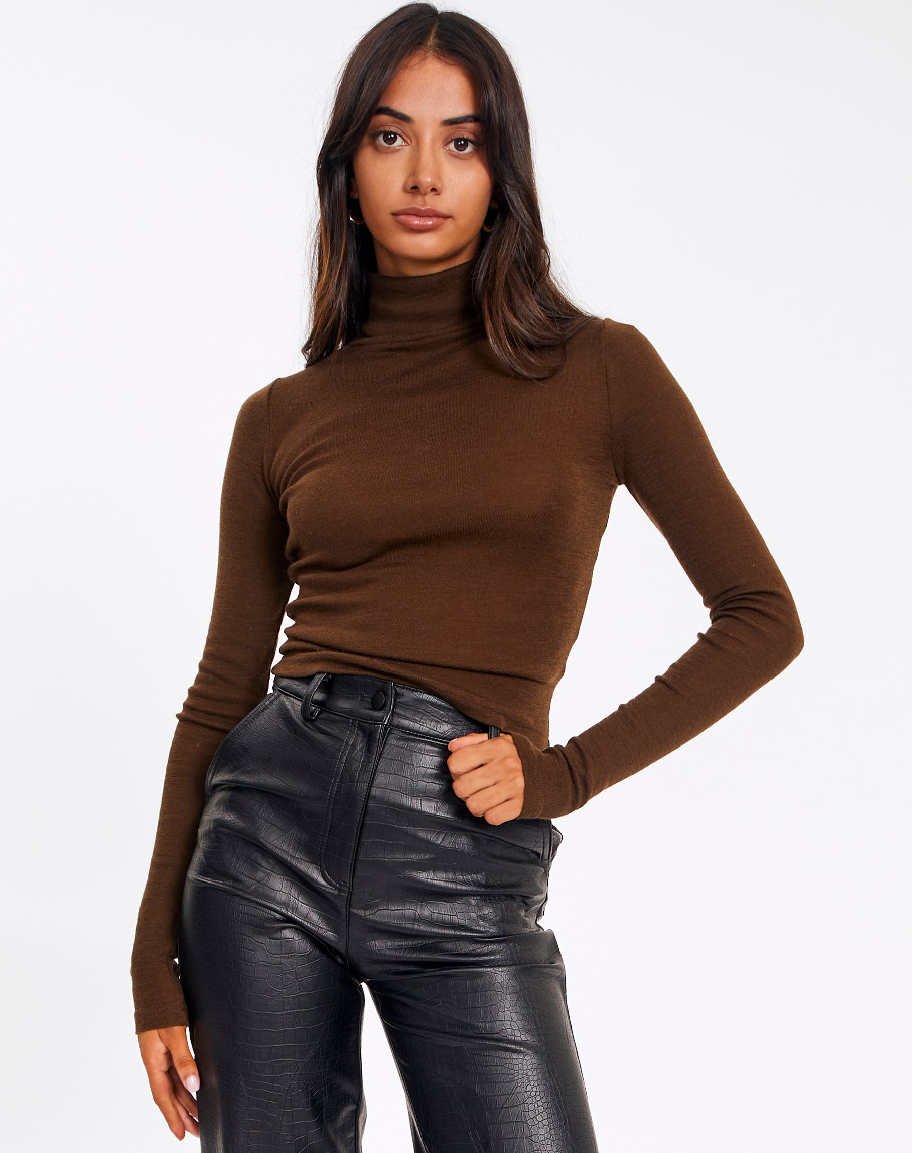 brown polo neck top