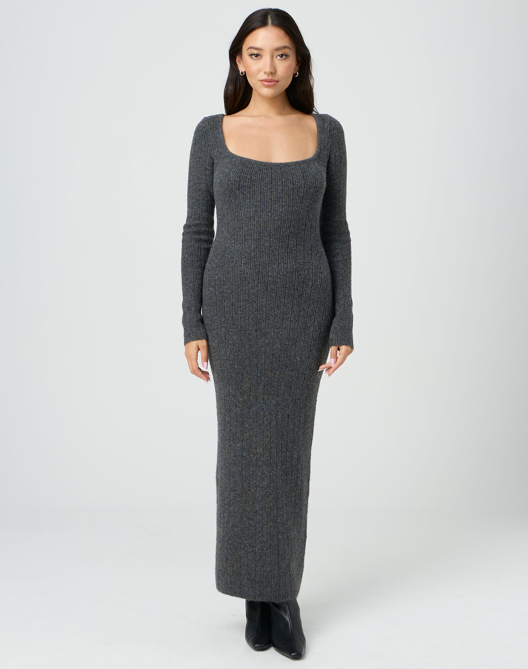 Long Sleeve Knit Maxi Dress in Charcoal Marle | Glassons