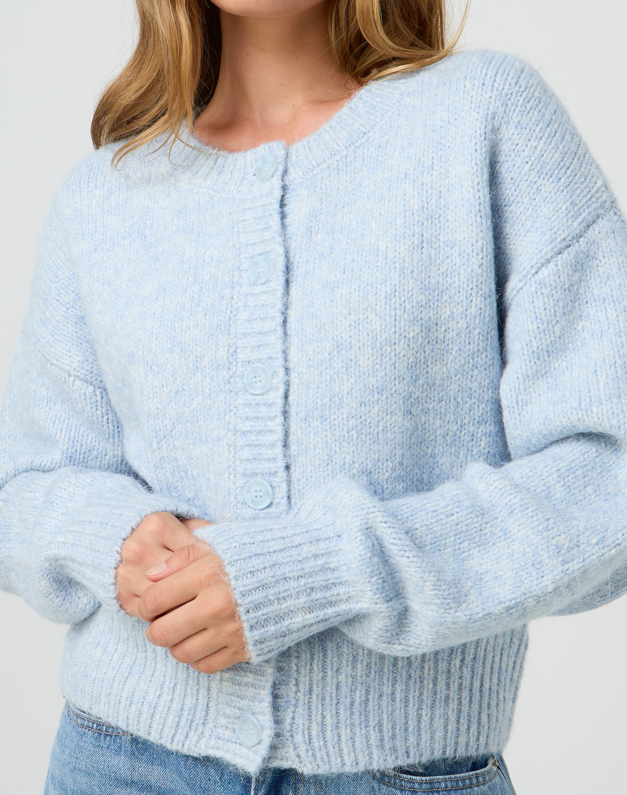 Cosy Knit Cardigan in Baby Blue Marle Glassons