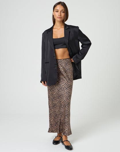 Picot Trim Satin Leopard Maxi Skirt in Blurred Leo | Glassons AU