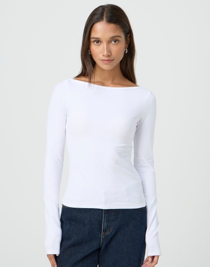 Boat Neck Long Sleeve Top in White | Glassons