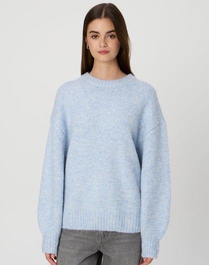 Longline Cosy Knit Jumper in Baby Blue Marle | Glassons