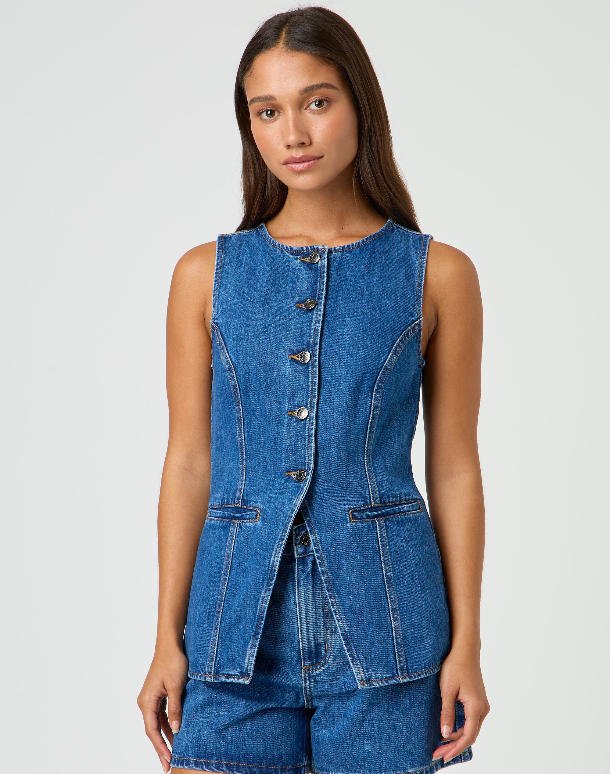 Long blue jean vest hotsell