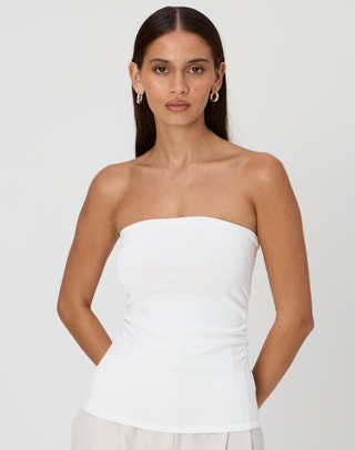 Strapless Ruched Knit Bandeau in Better Be Butter