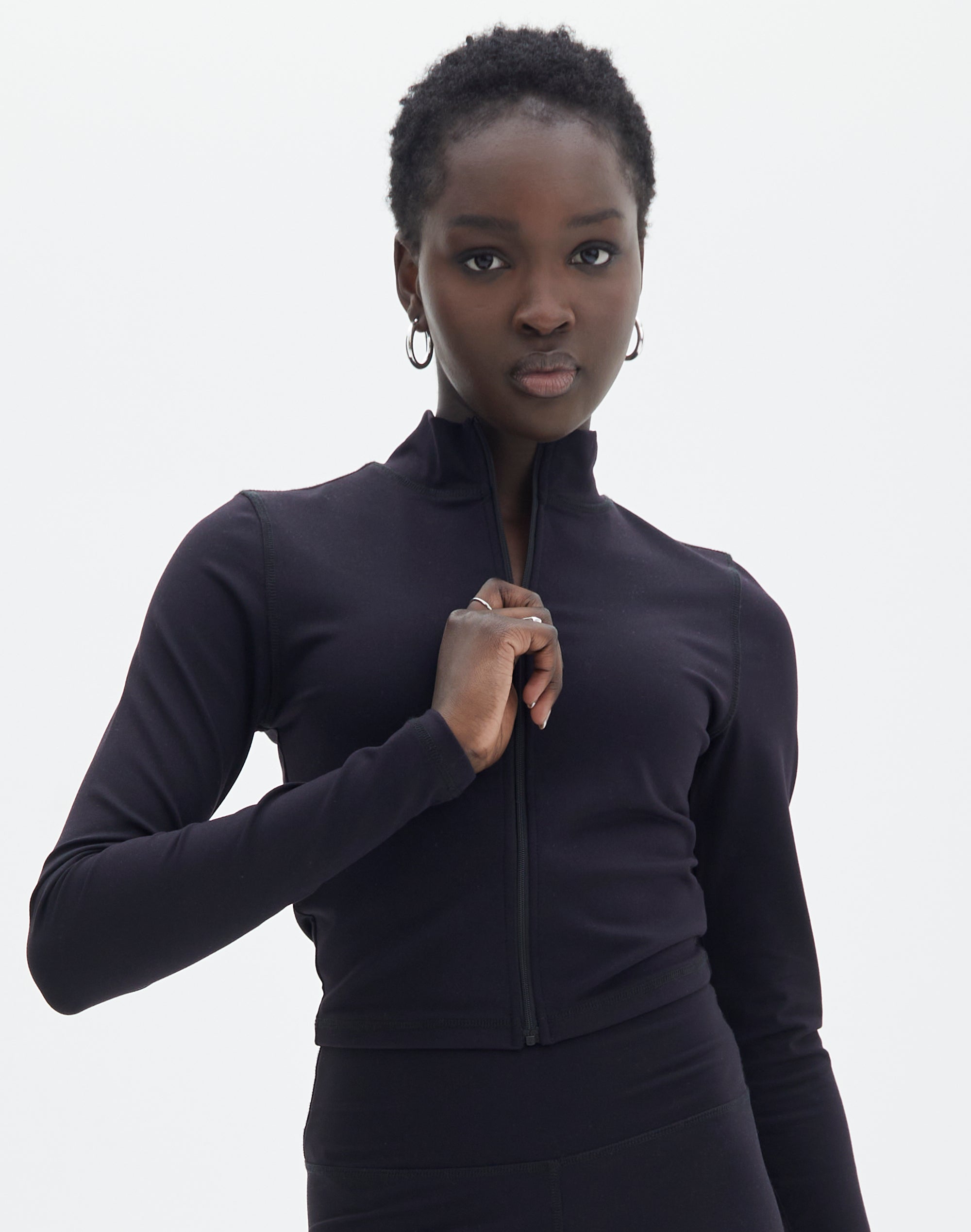 Active Supersoft Long Sleeve Zip Front Crop Top in Black Glassons