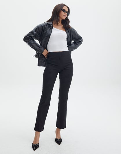 High Rise Pinstripe Flare Ponte Pant in Black Pinstripe